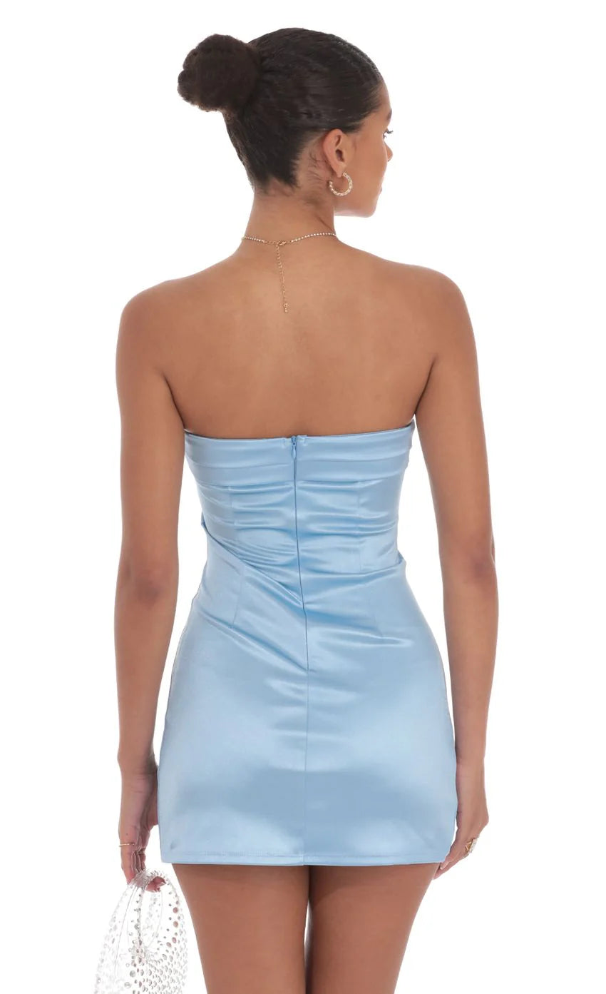 Satin Strapless Bodycon Dress in Blue