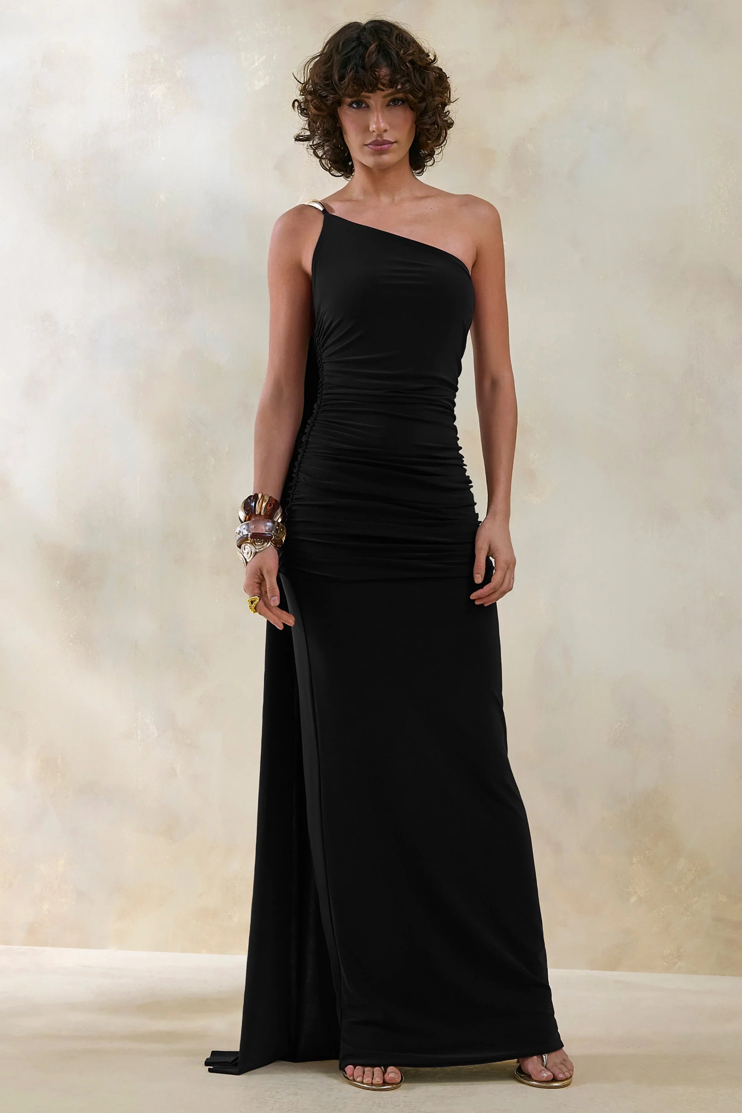 Bettine Black Asymmetric Neck Maxi Dress With Cape Sleeve