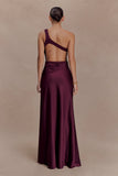 Lyla Asymmetrical Satin Maxi Dress Plum