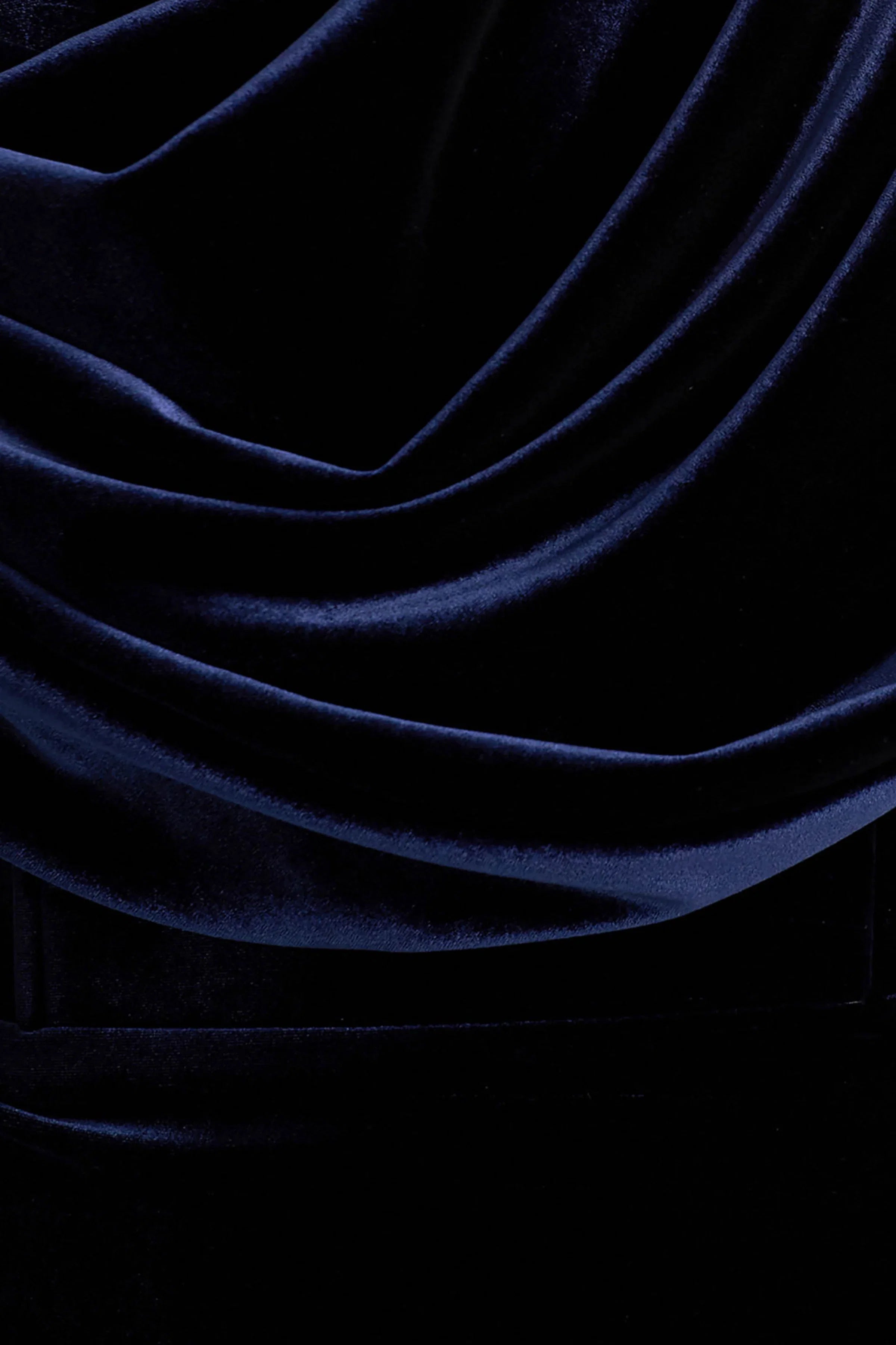 High End Navy Velvet Asymmetric Neck Midi Dress With Draped Detailing