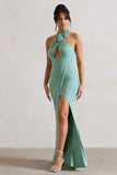 Kira Sage Halter Neck Cut Out Split Maxi Dress With Flowers