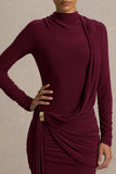 Melissa Burgundy Long Sleeve Wrap Maxi Dress With Draped Detailing