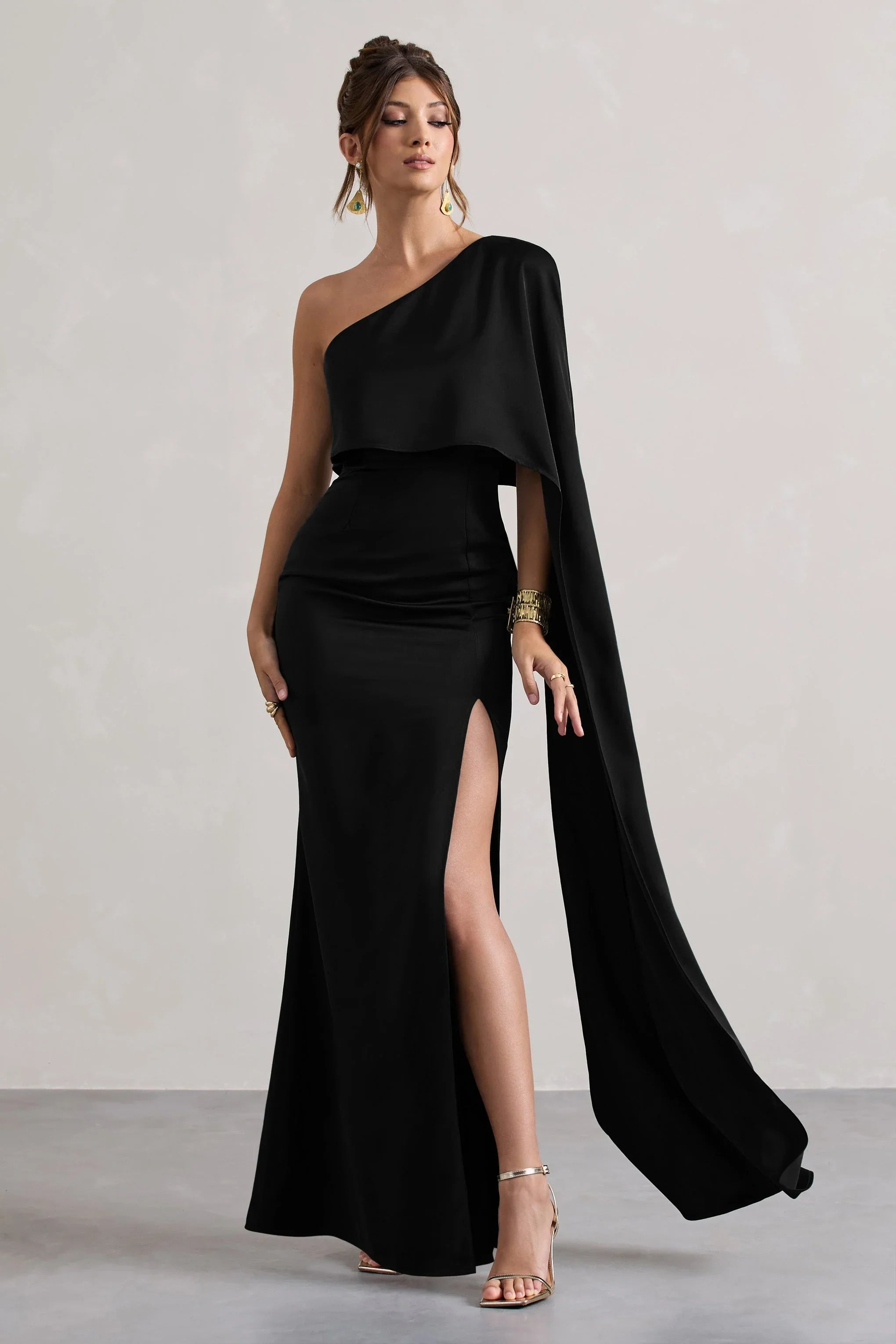 Amora Black Satin Asymmetric Cape Sleeve Split Maxi Dress