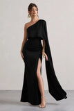 Amora Black Satin Asymmetric Cape Sleeve Split Maxi Dress