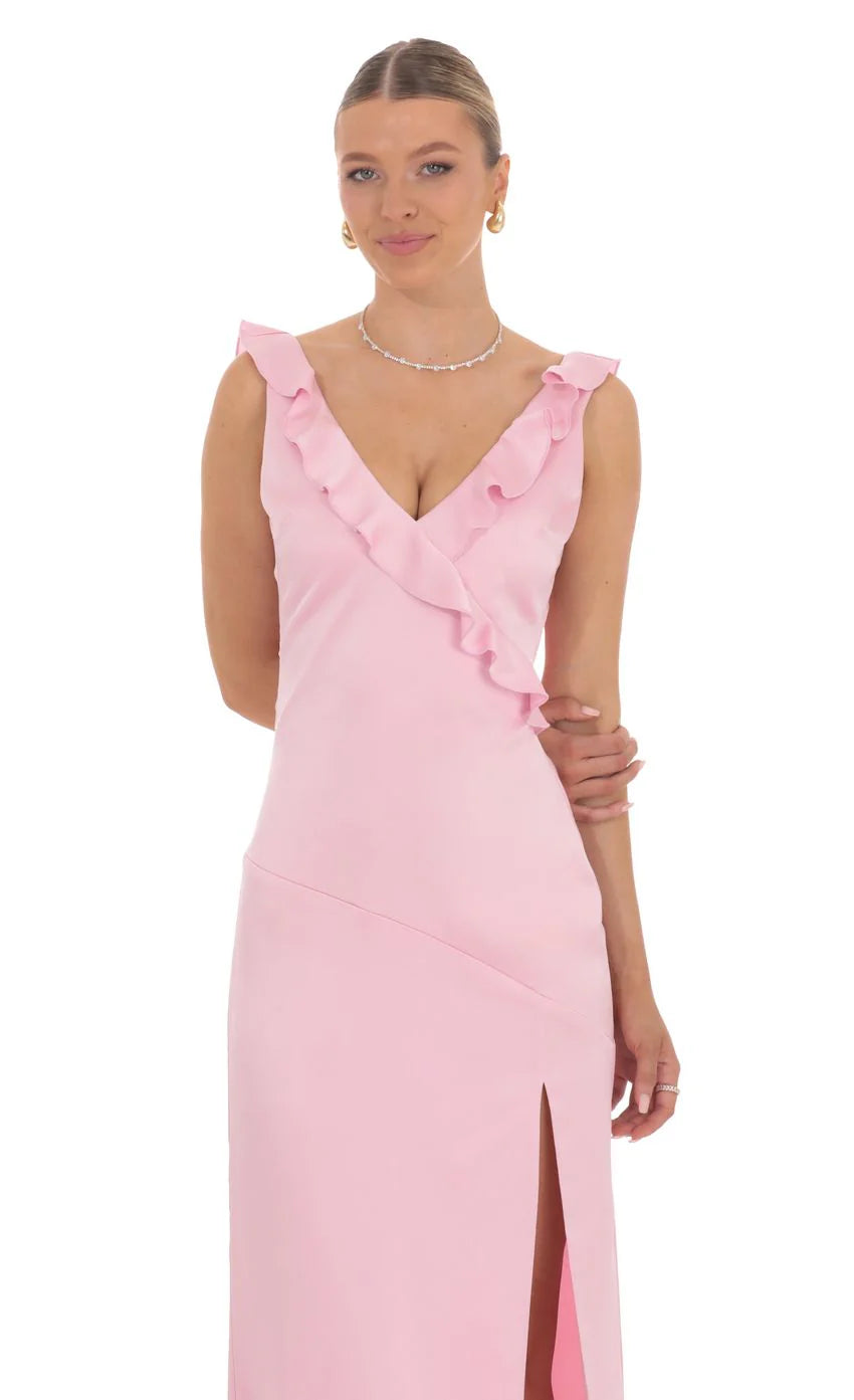 Satin V Neck Open Back Maxi Dress in Pink