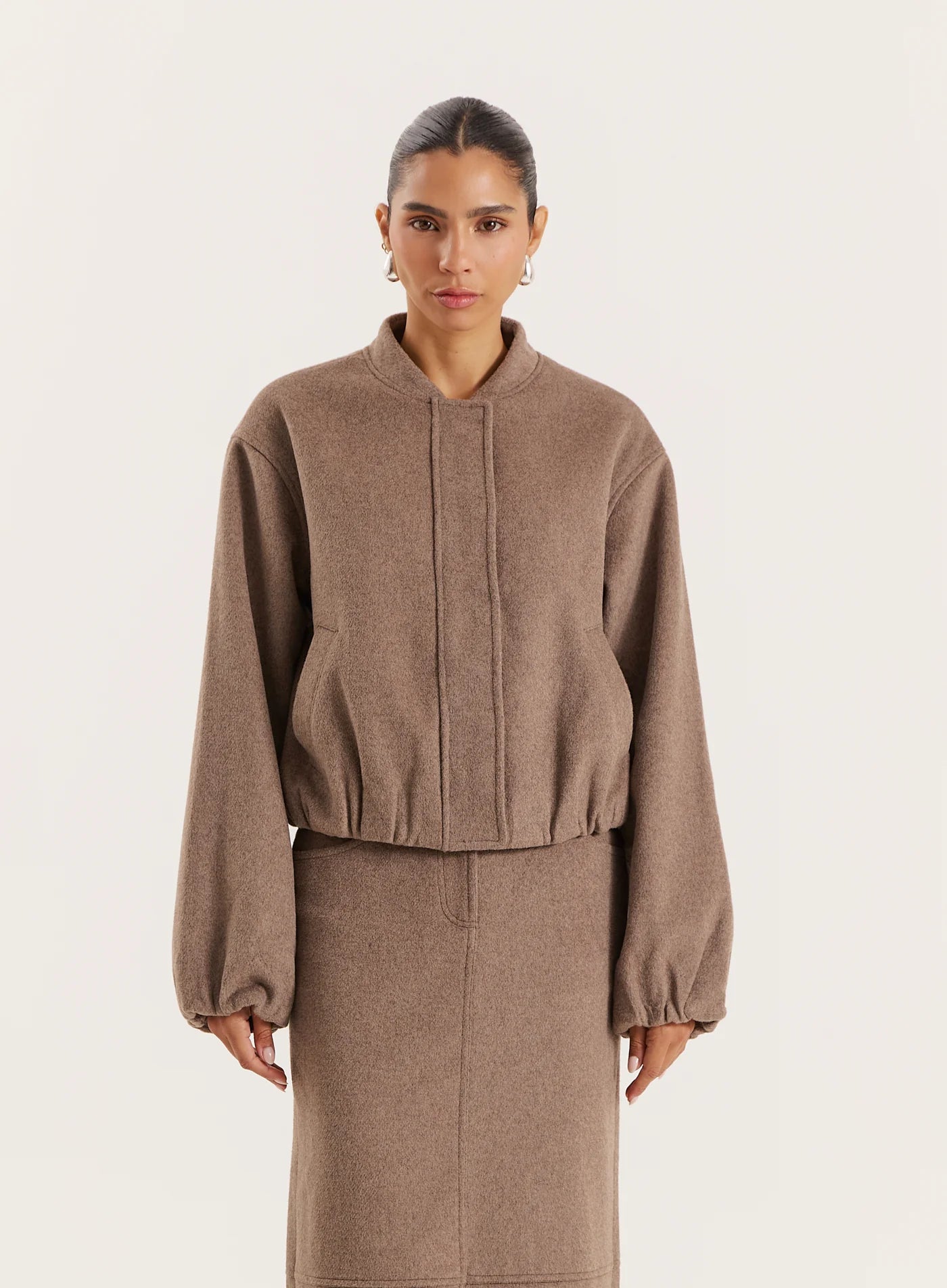 Brown Cropped Wool Effect Bomber