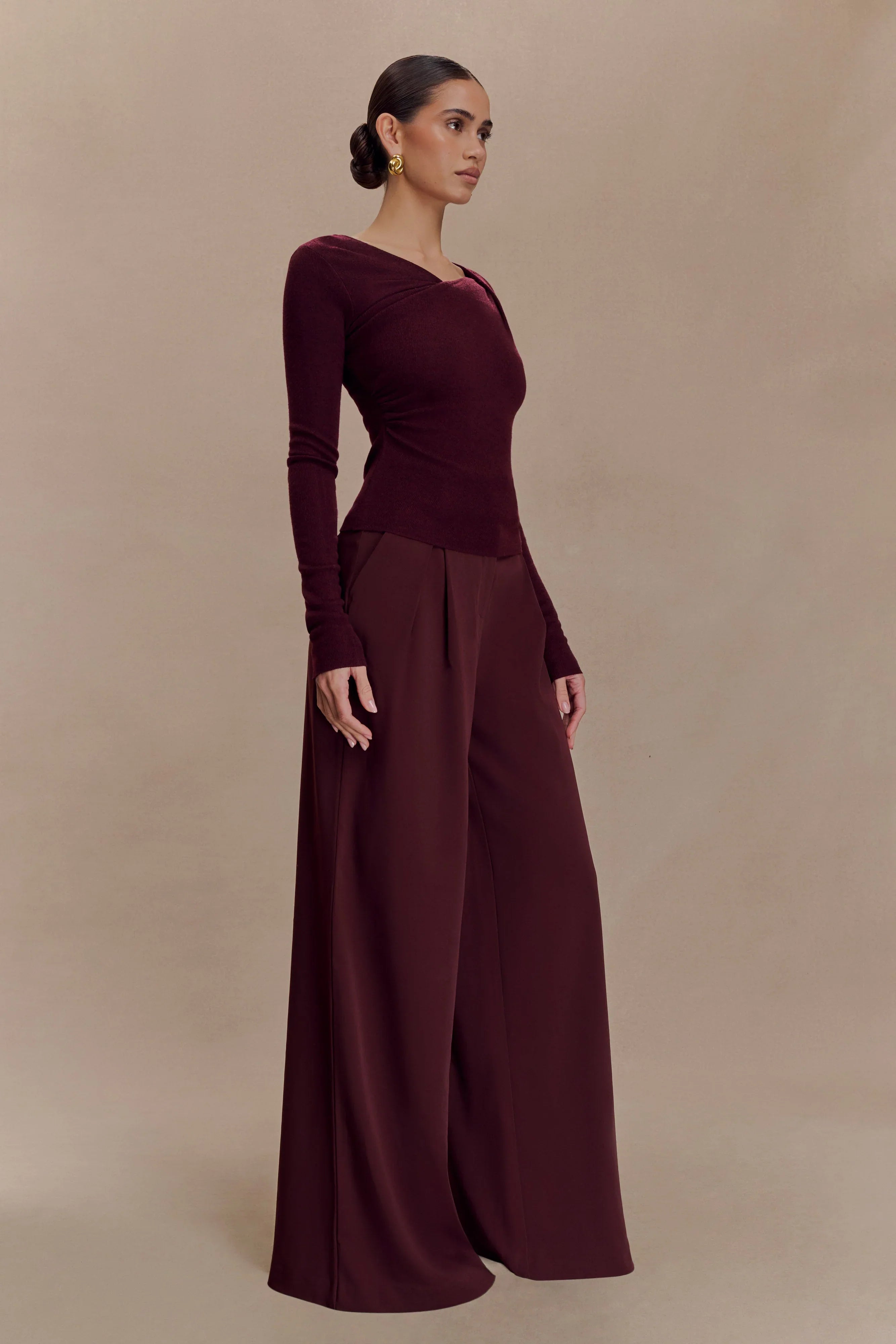 Culver Draped Twist Knit Top Wine