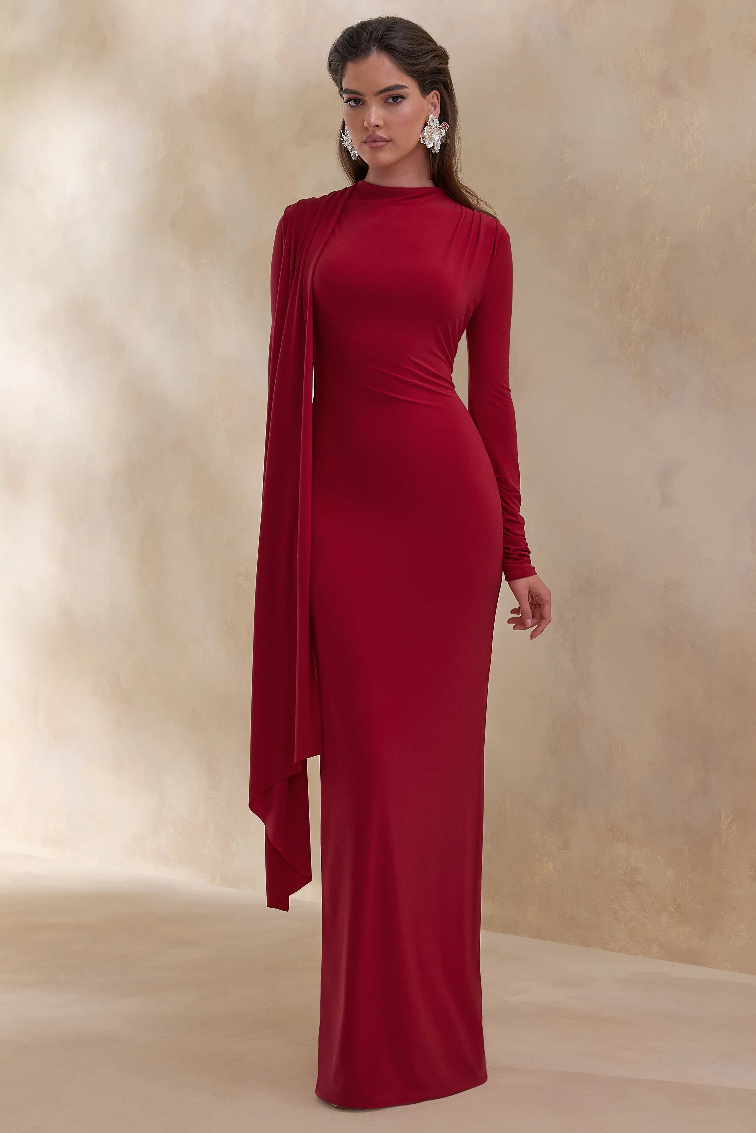 Amaria Red High Neck Maxi Dress With Sash Detail
