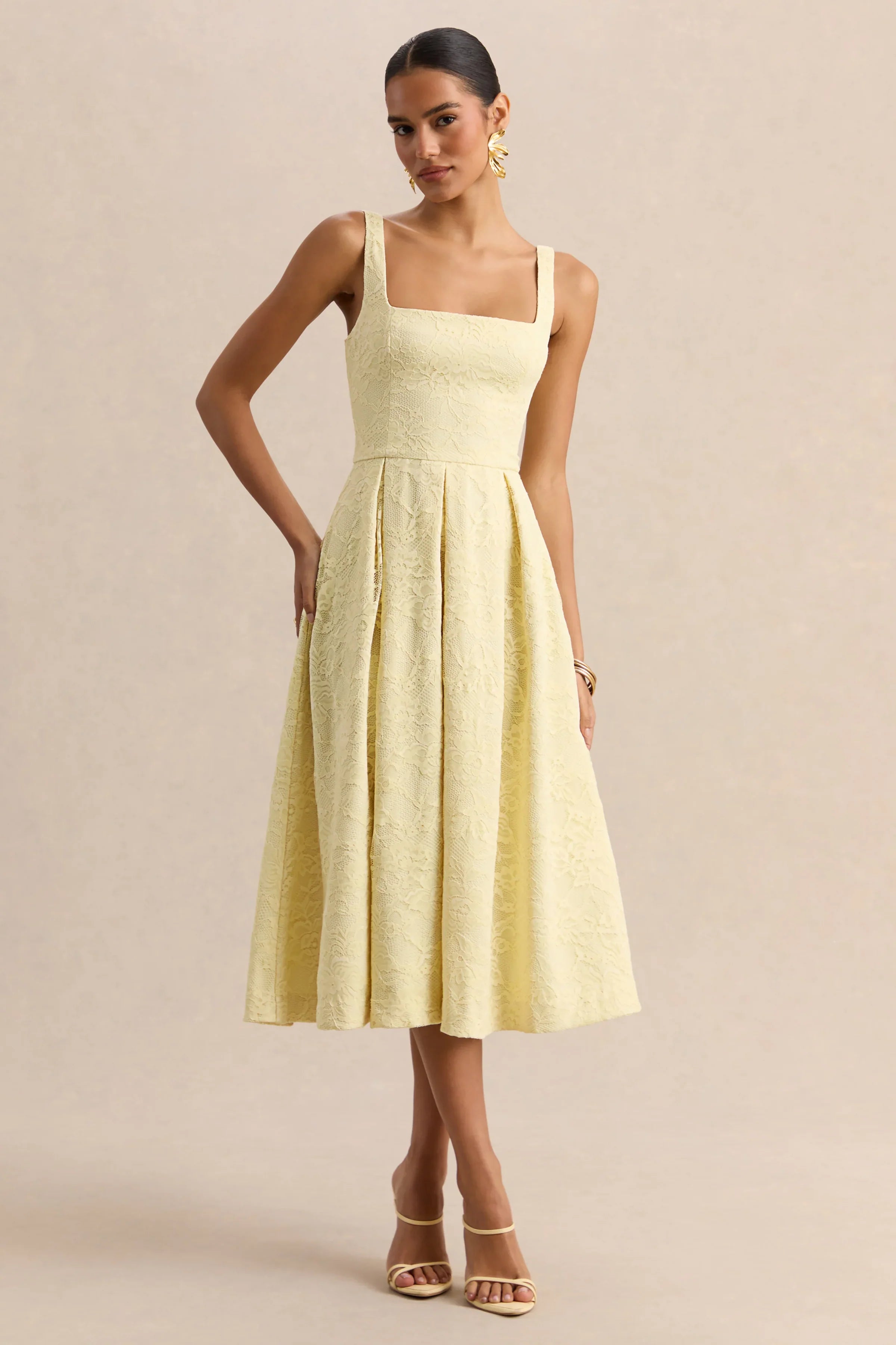 Ashmara Lemon Lace Square Neck Midi Dress
