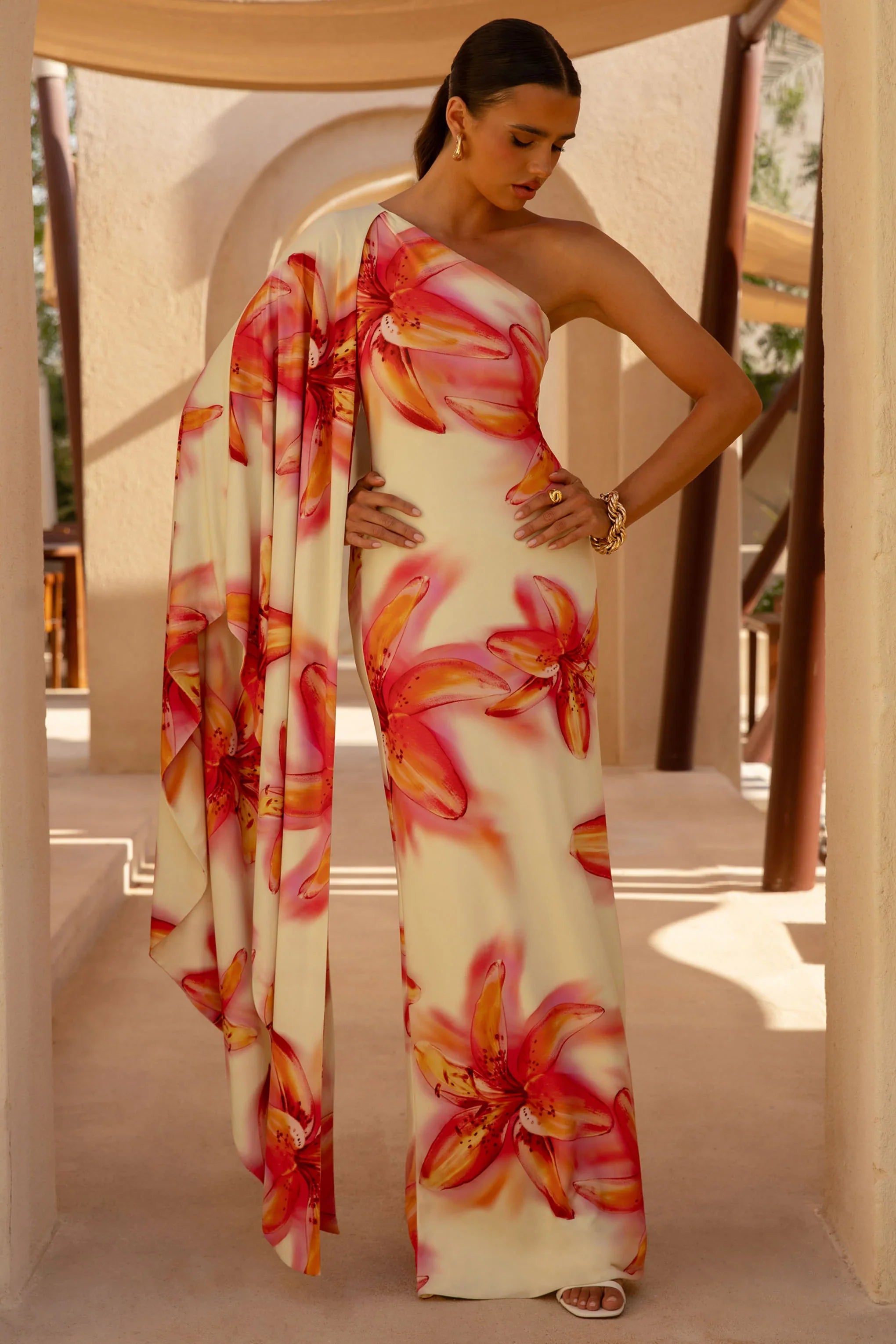 Portia Lemon Lily Print Asymmetric Maxi Dress With Ruched Detail