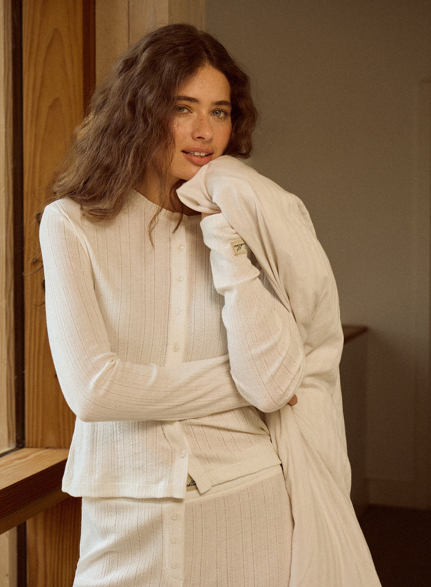 Ecru Pointelle Long Sleeve Buttoned Top