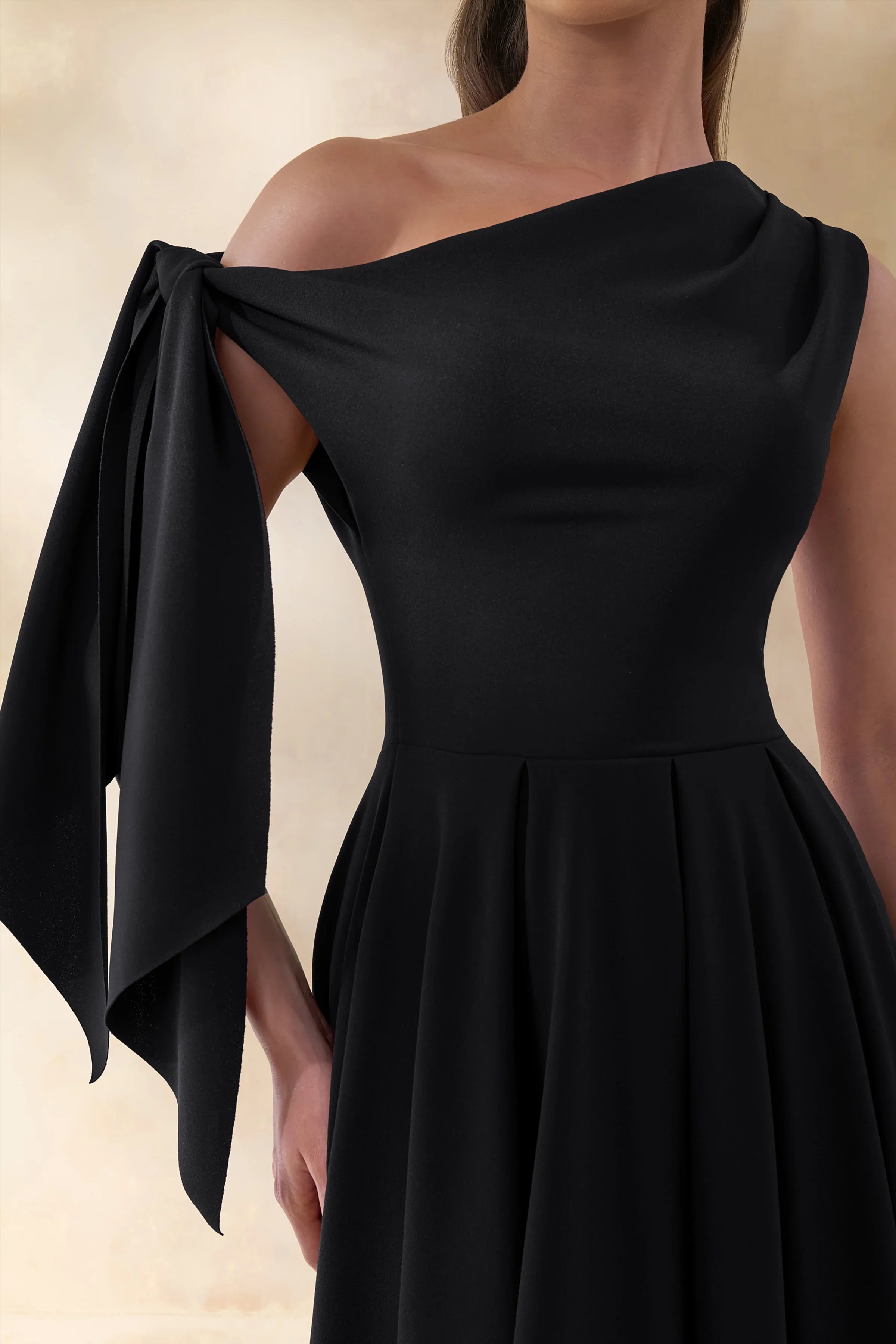 Daring Black Asymmetric Neck Midi Dress With Knot Detail