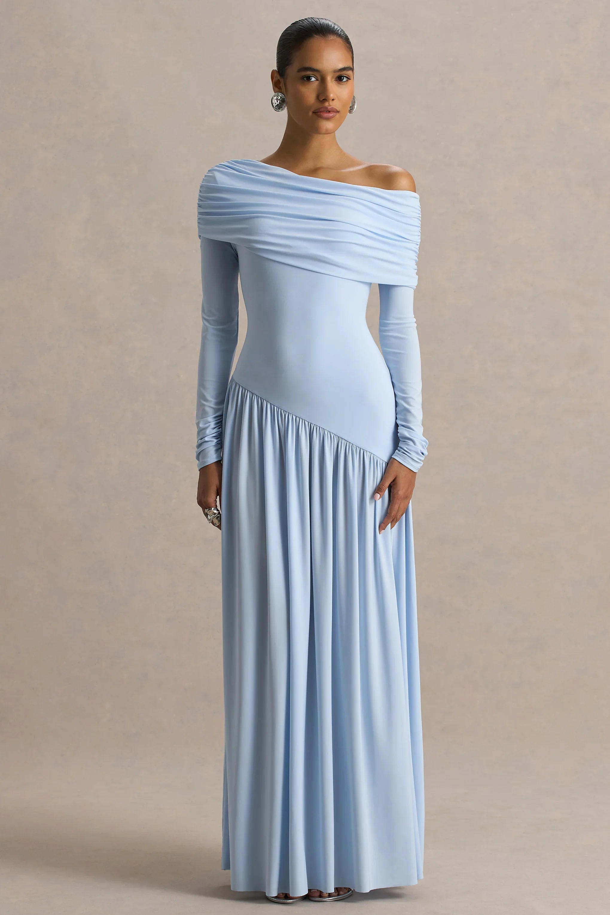 Farah Powder Blue Asymmetric Neck Maxi Dress With Drop Waist And Ruched Detailing