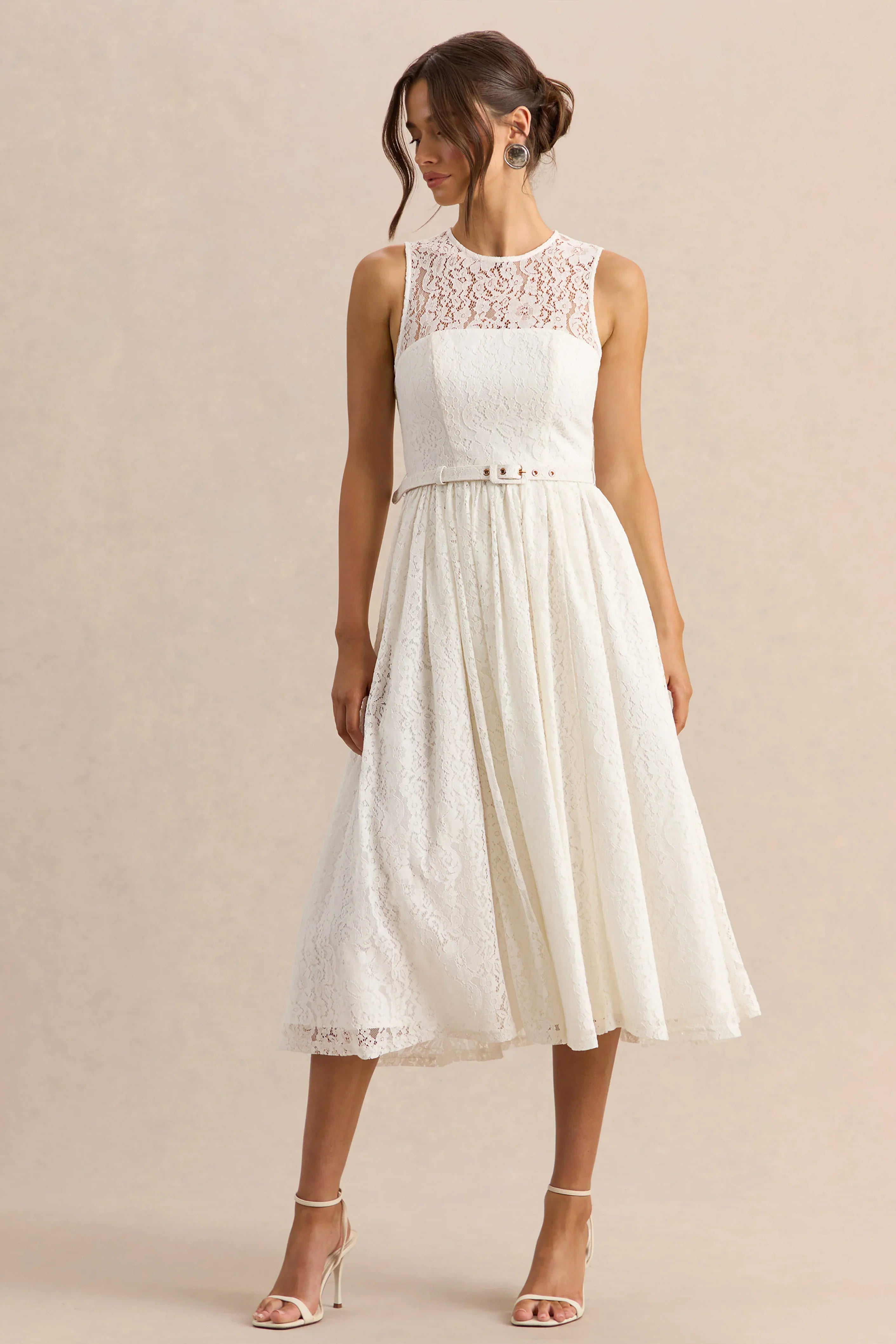 Anabella White Lace Crew Neck Belted Midi Dress