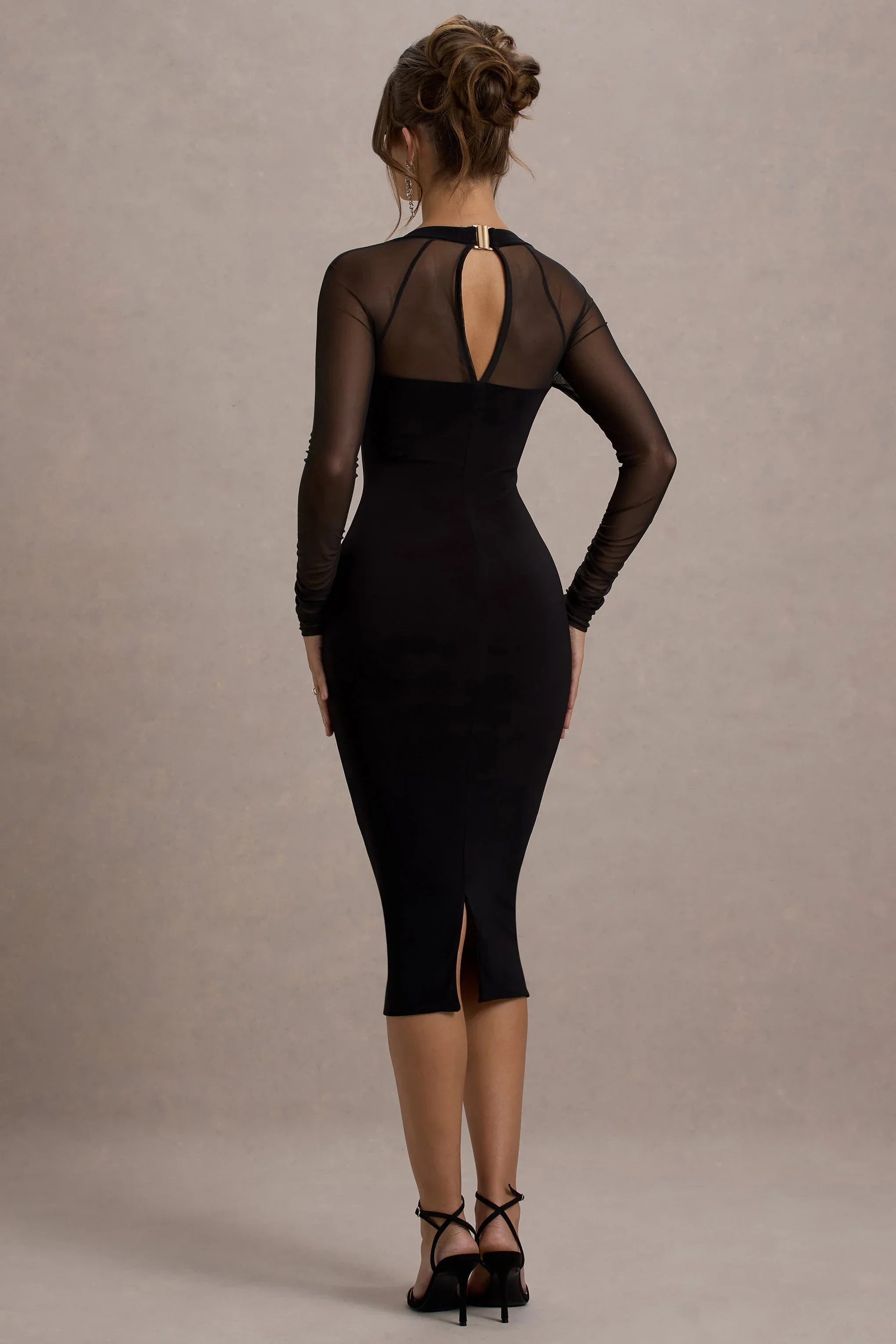 Off Track Black Bodycon Midi Dress With Sheer Sleeves