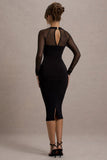 Off Track Black Bodycon Midi Dress With Sheer Sleeves