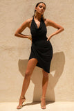 Vivia Black Plunge Neck Ruched Mini Dress