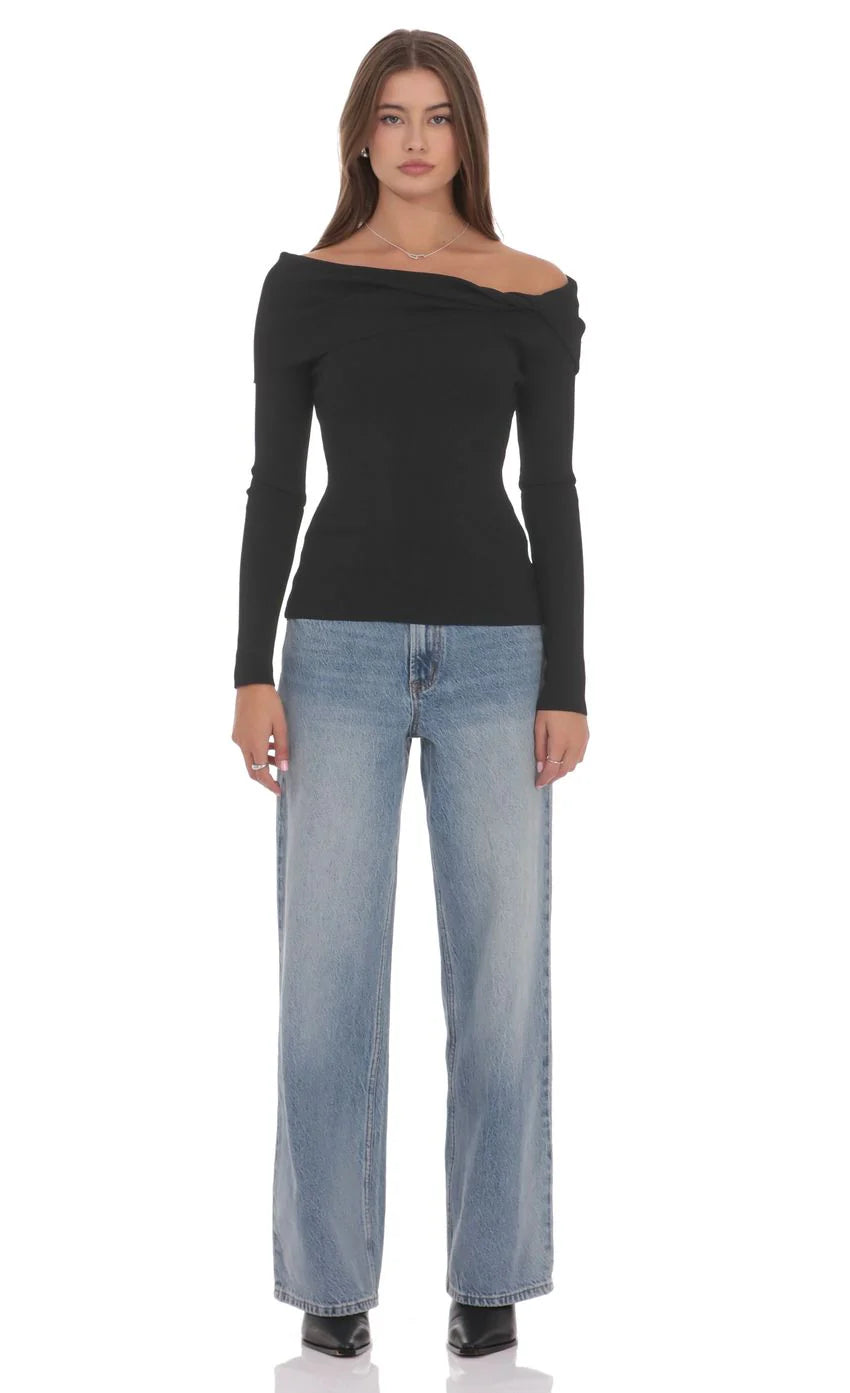 Twist Off Shoulder Jumper in Black