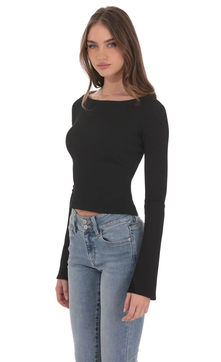 Back Tie Cutout Top in Black