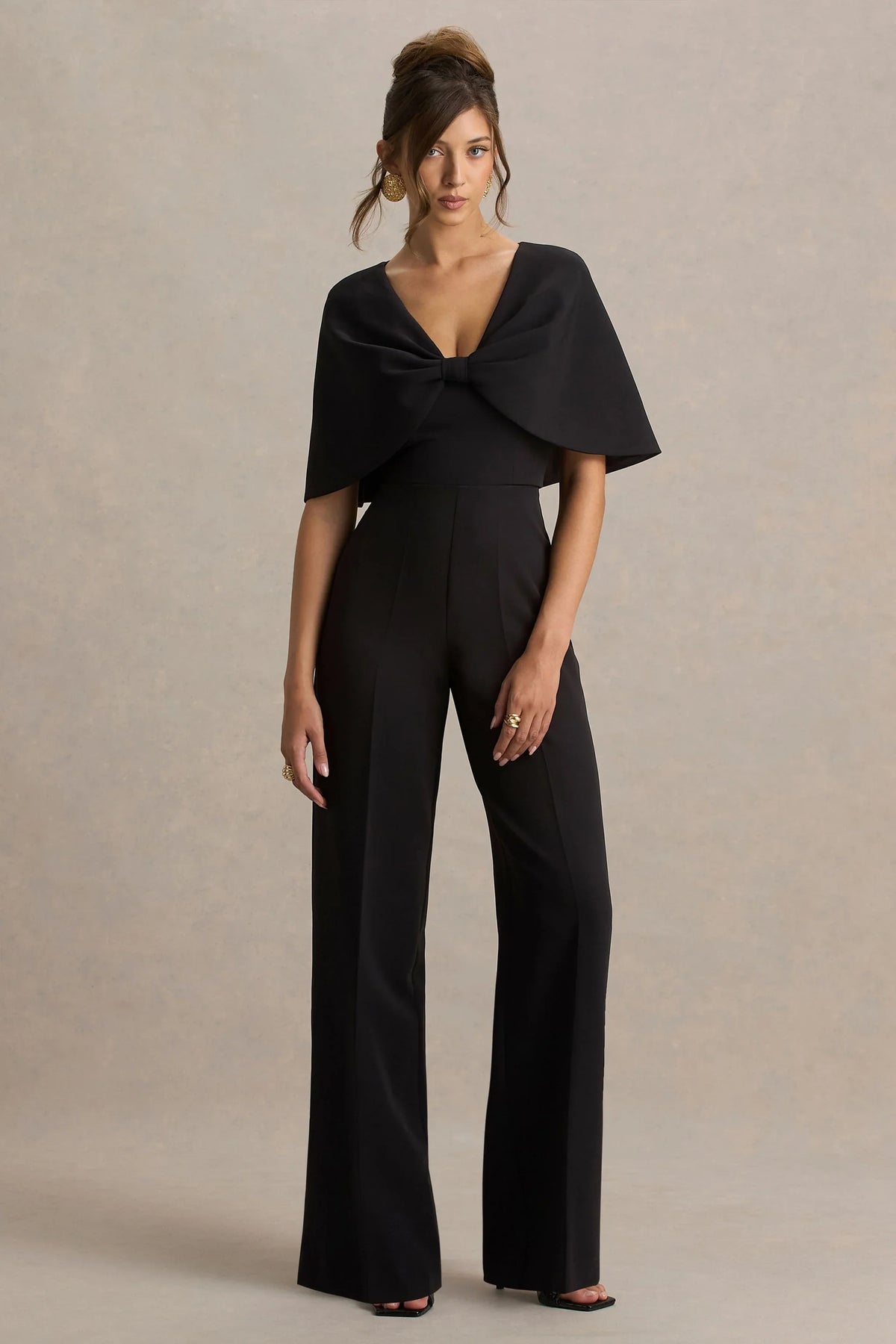 Vivid Black Plunge Neck Jumpsuit With Bow Detail