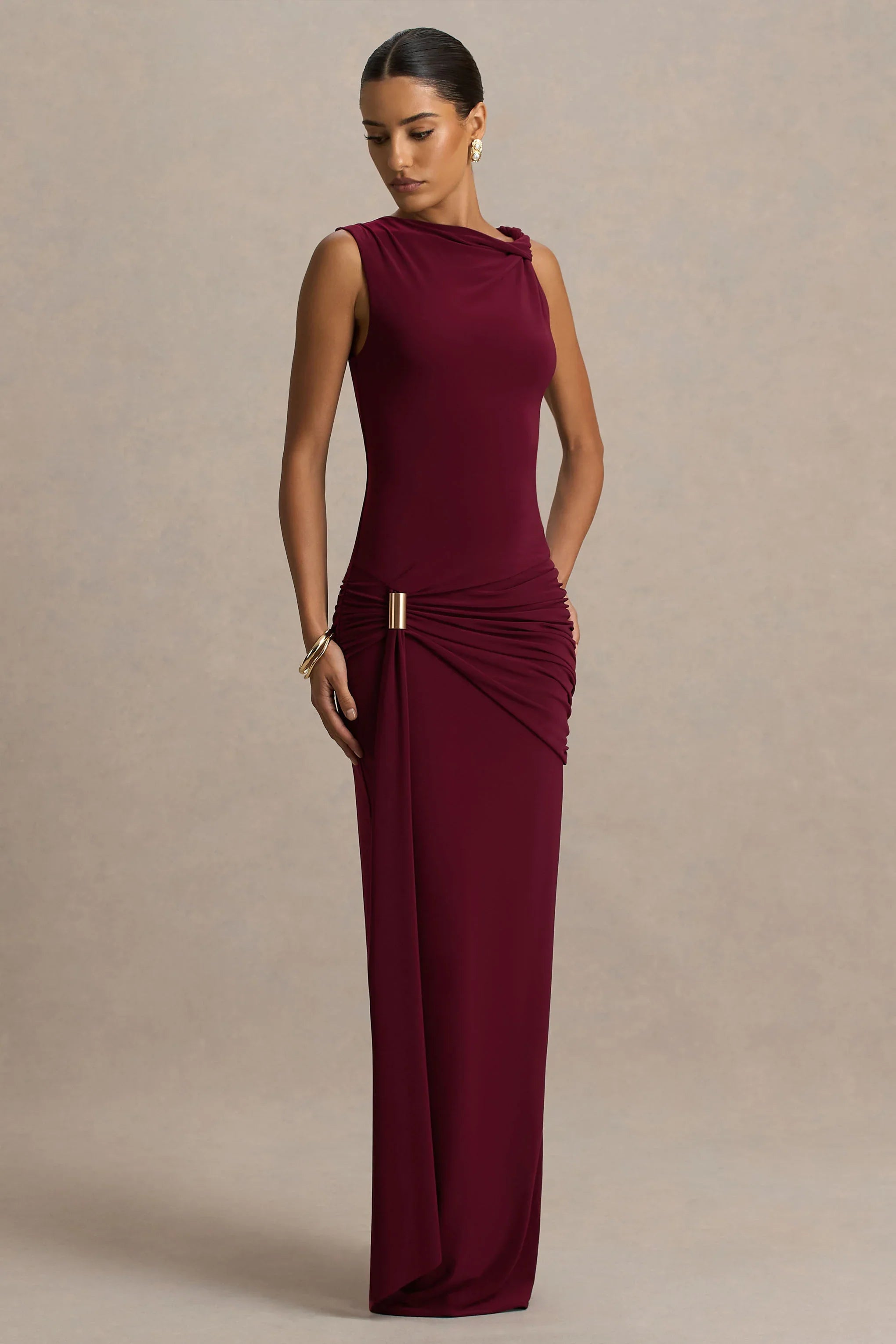 Decadence Burgundy High Neck Wrapped Maxi Dress With Twist Sleeve