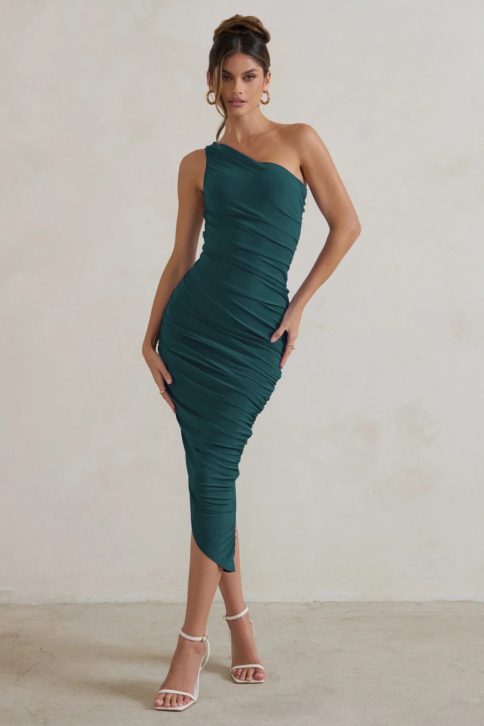 Dorit Bottle Green One Shoulder Asymmetric Ruched Midi Dress