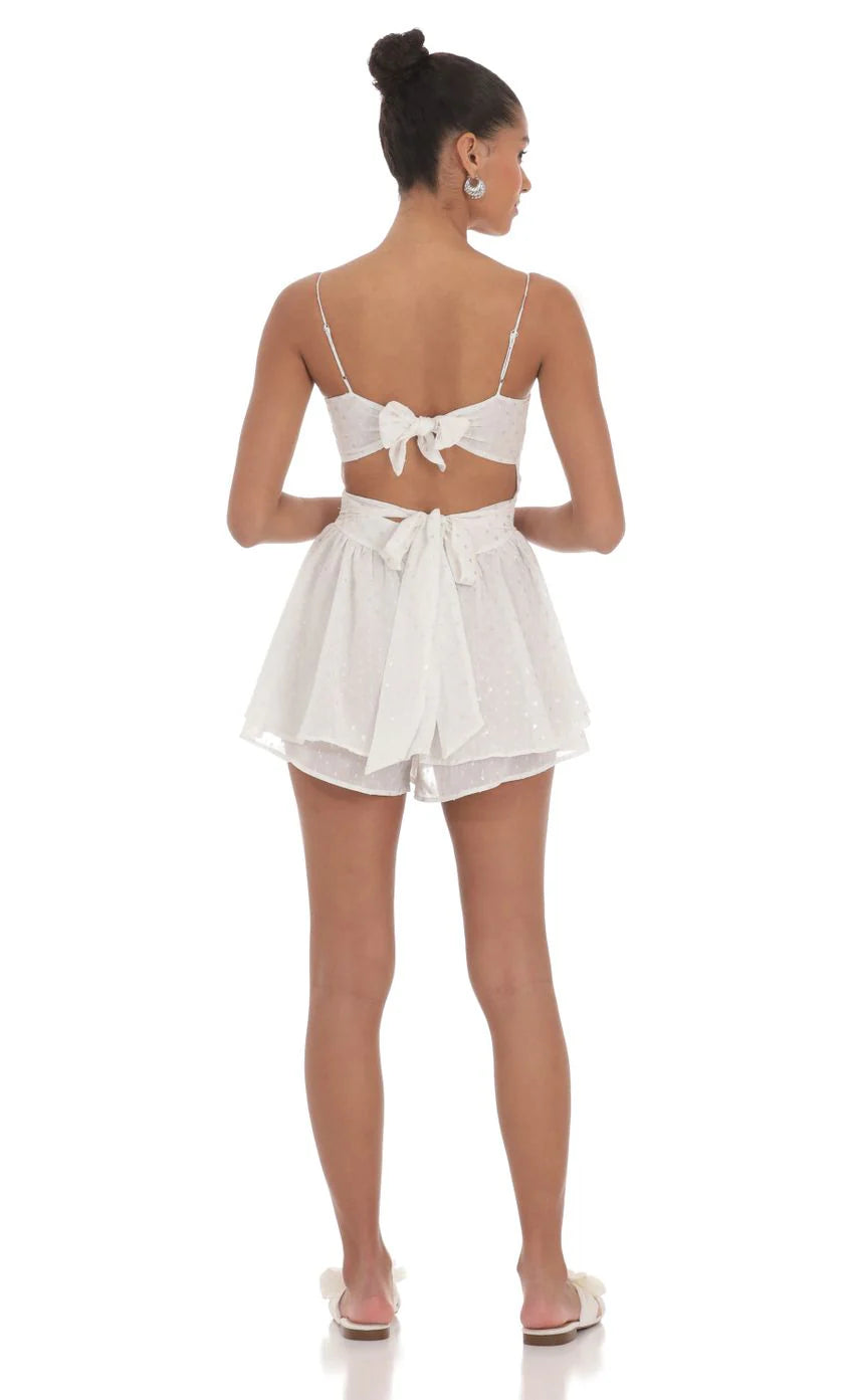 Shimmer Dotted Double Ruffle Romper in White
