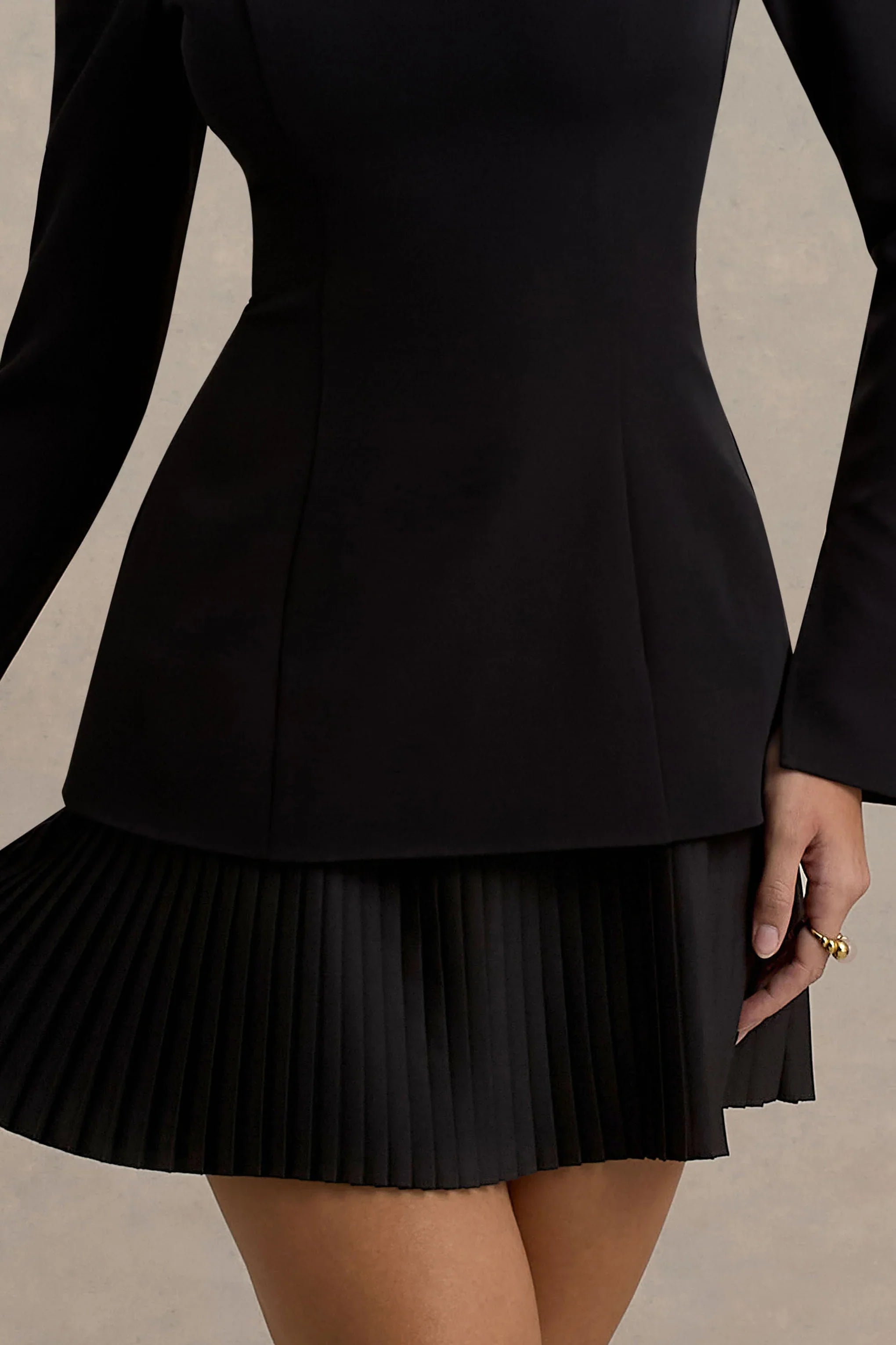 Athena Black Long Sleeve Mini Dress With Pleated Hem