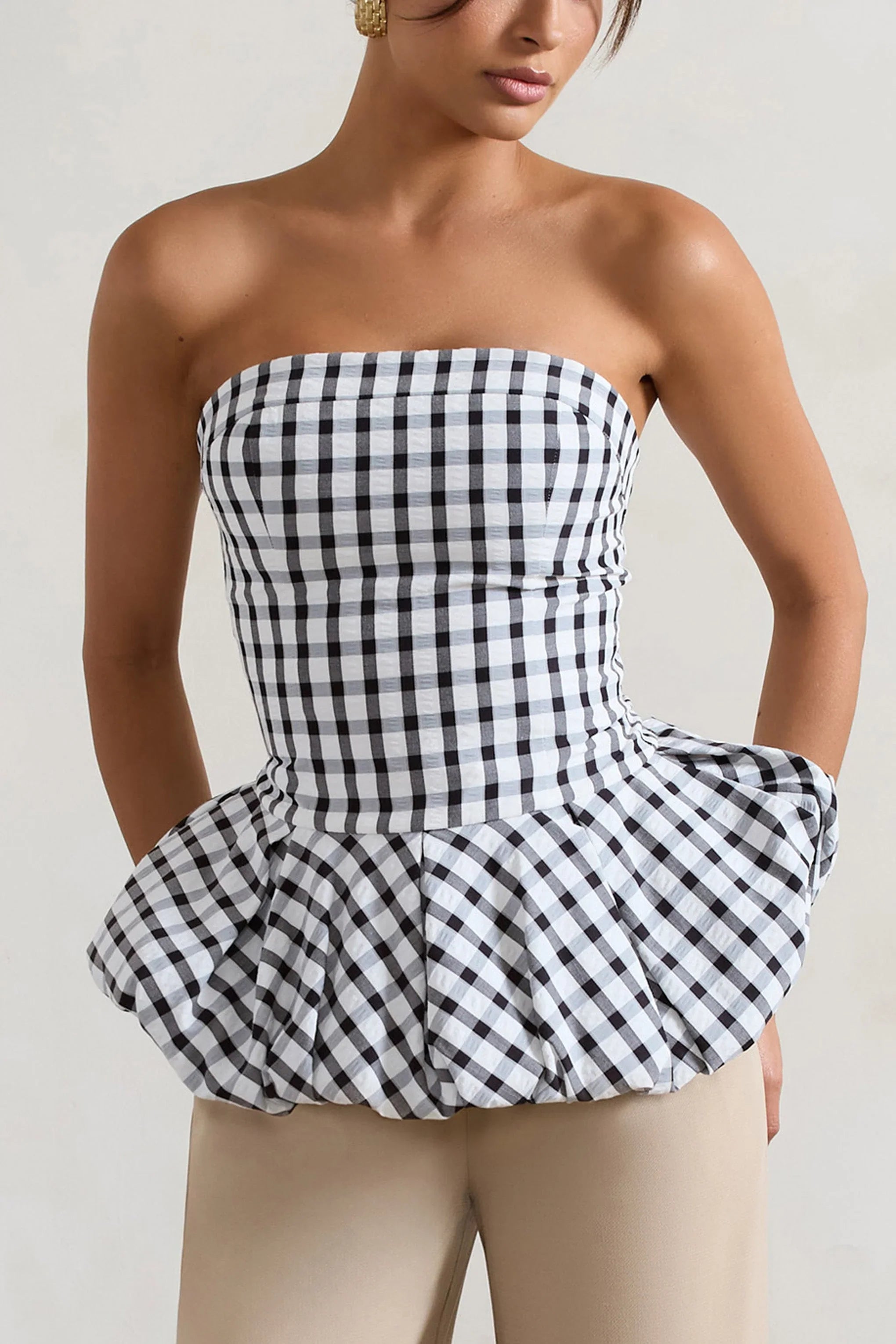 Roll With It Black White Gingham Bandeau Ruffle Top