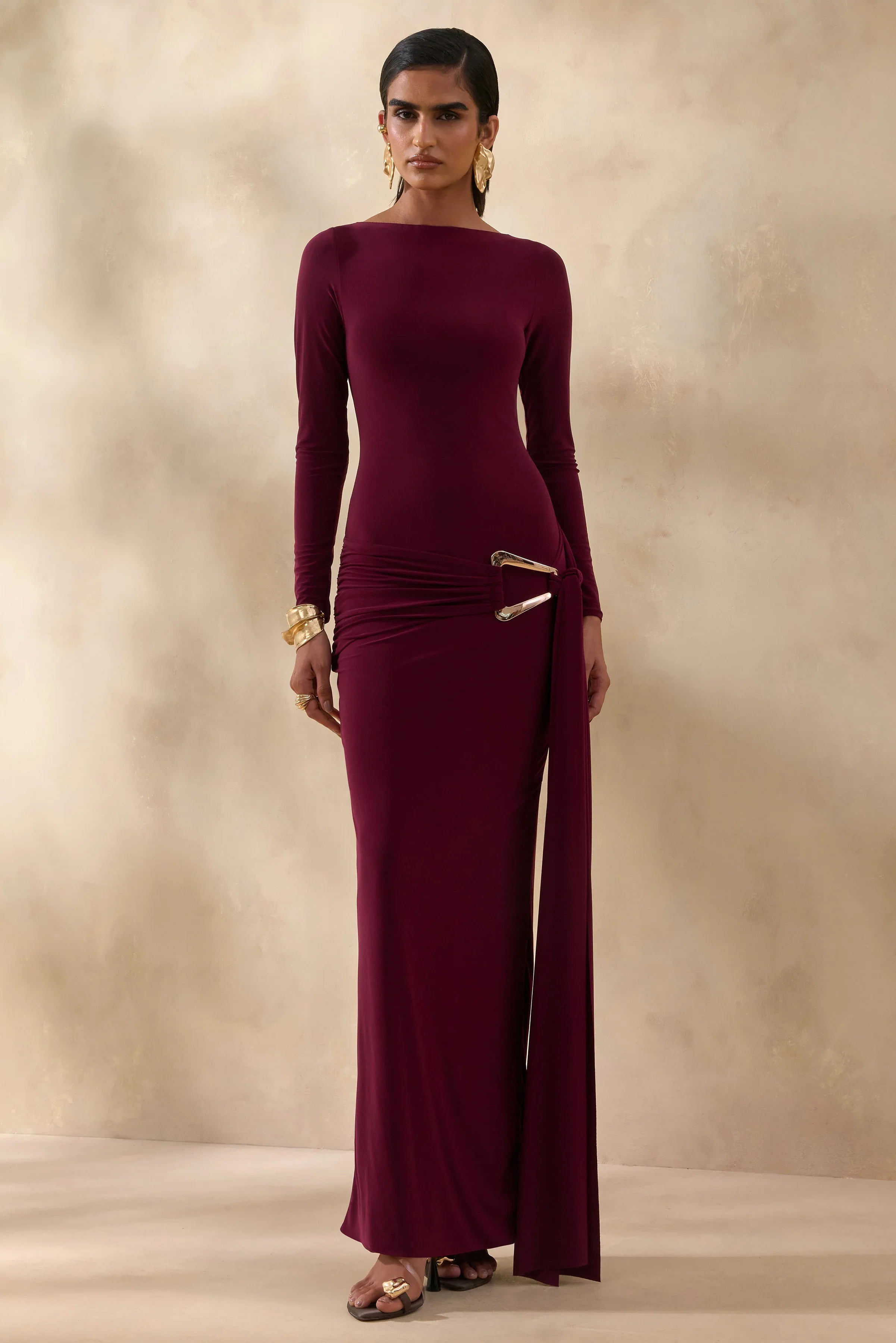 Astrielle Burgundy Wide Neck With Gold Detail And Sash