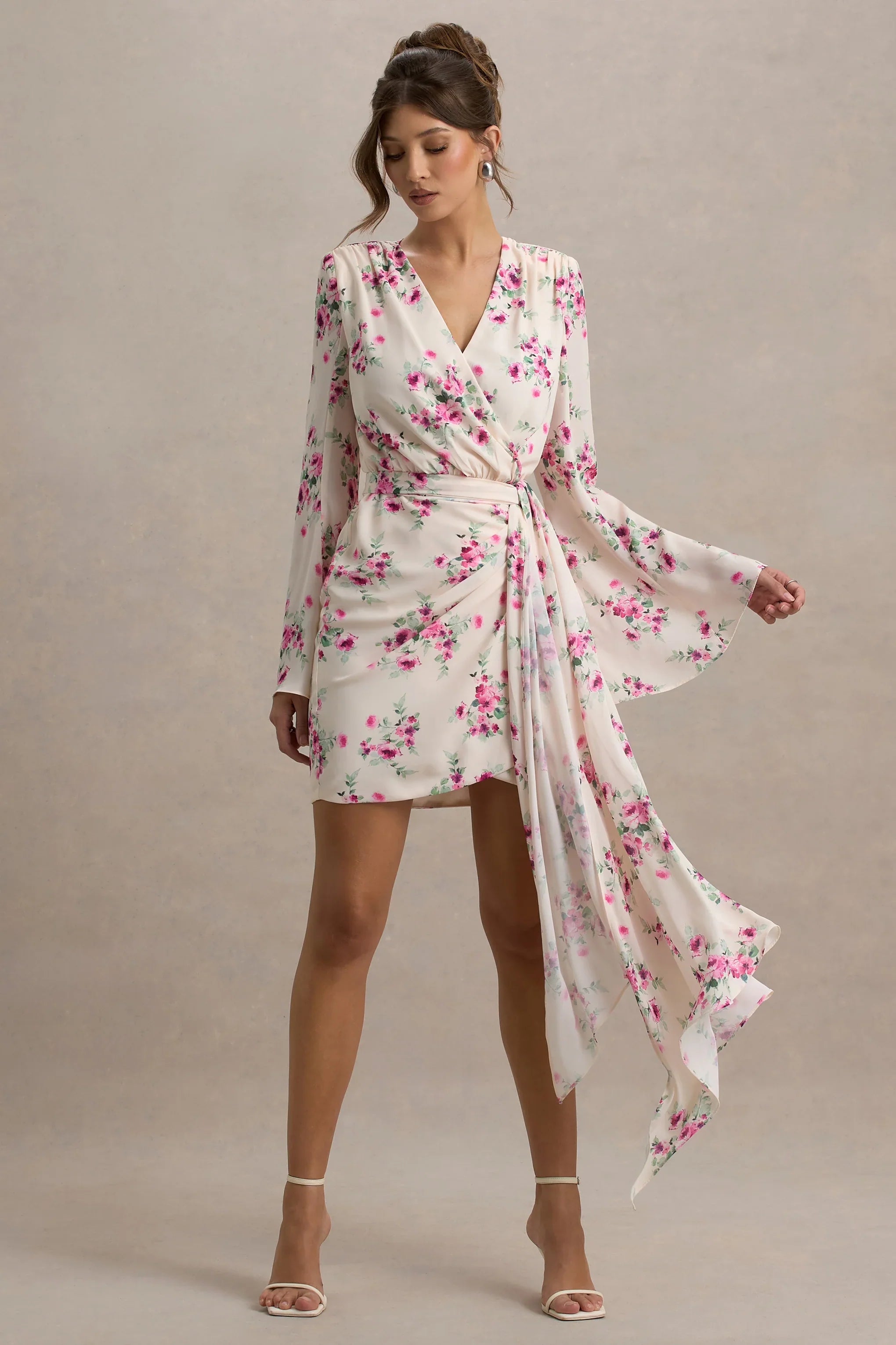 Goldie Cream Floral Print Chiffon Long Sleeve Wrap Mini Dress