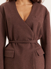 Chocolate Herringbone Tie Waist Wrap Jacket