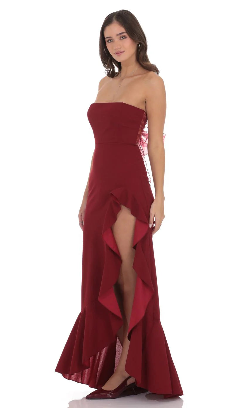 Corset Strapless Back Bow Maxi Dress in Maroon