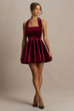 Mirage Burgundy Velvet Halter Neck Mini Dress With Skater Skirt