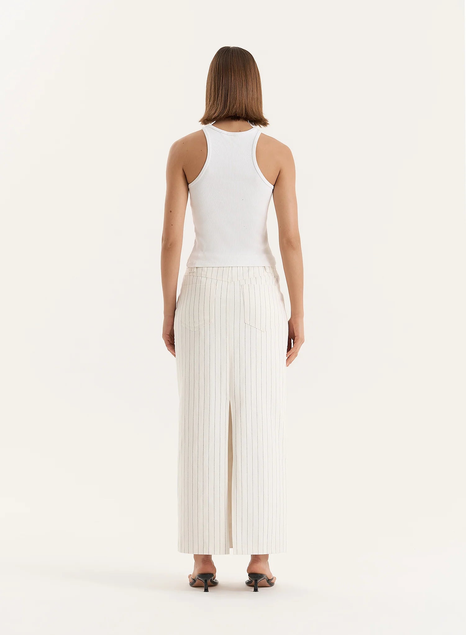 White Pinstripe Tailored Denim Maxi Skirt