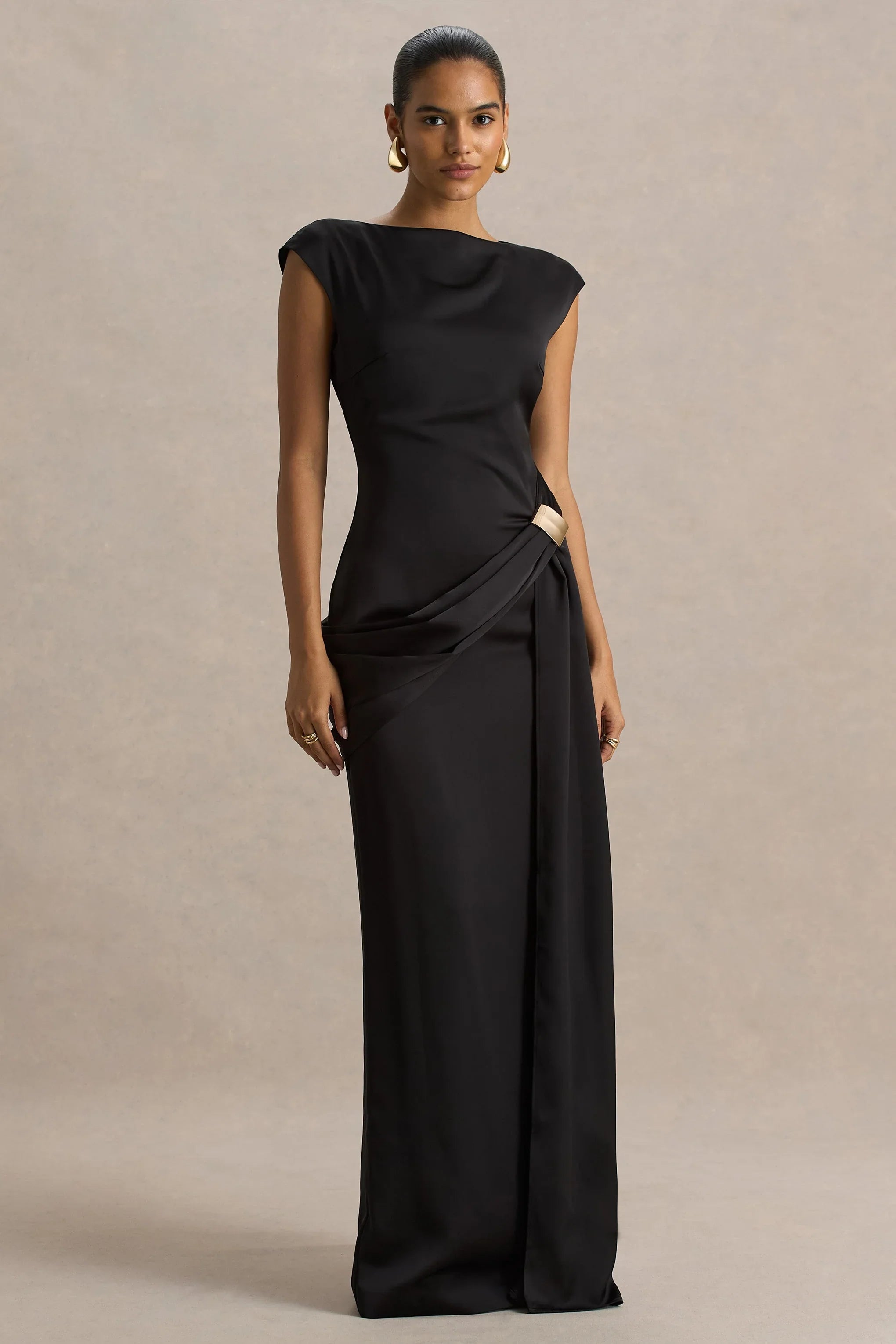 Influence Black Satin Slashed Neck Maxi Dress With Embellished Detail And Sash