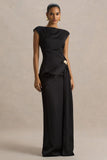 Influence Black Satin Slashed Neck Maxi Dress With Embellished Detail And Sash