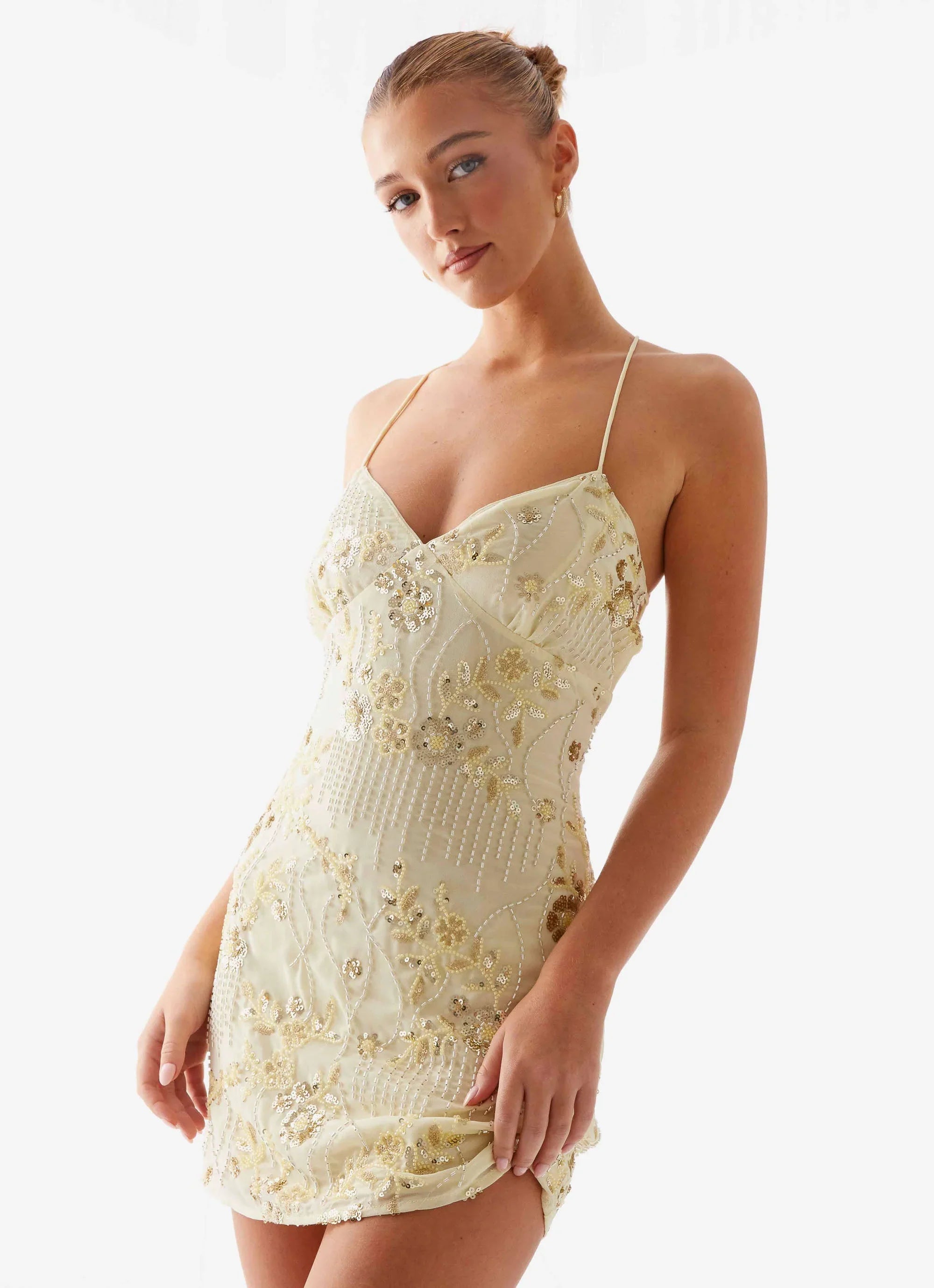 Vietta Sequin Cami Micro Mini Dress Yellow