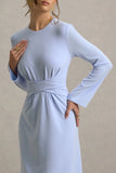 Cassiopeia Light Blue Long Sleeve Midi Dress With Cross Waist