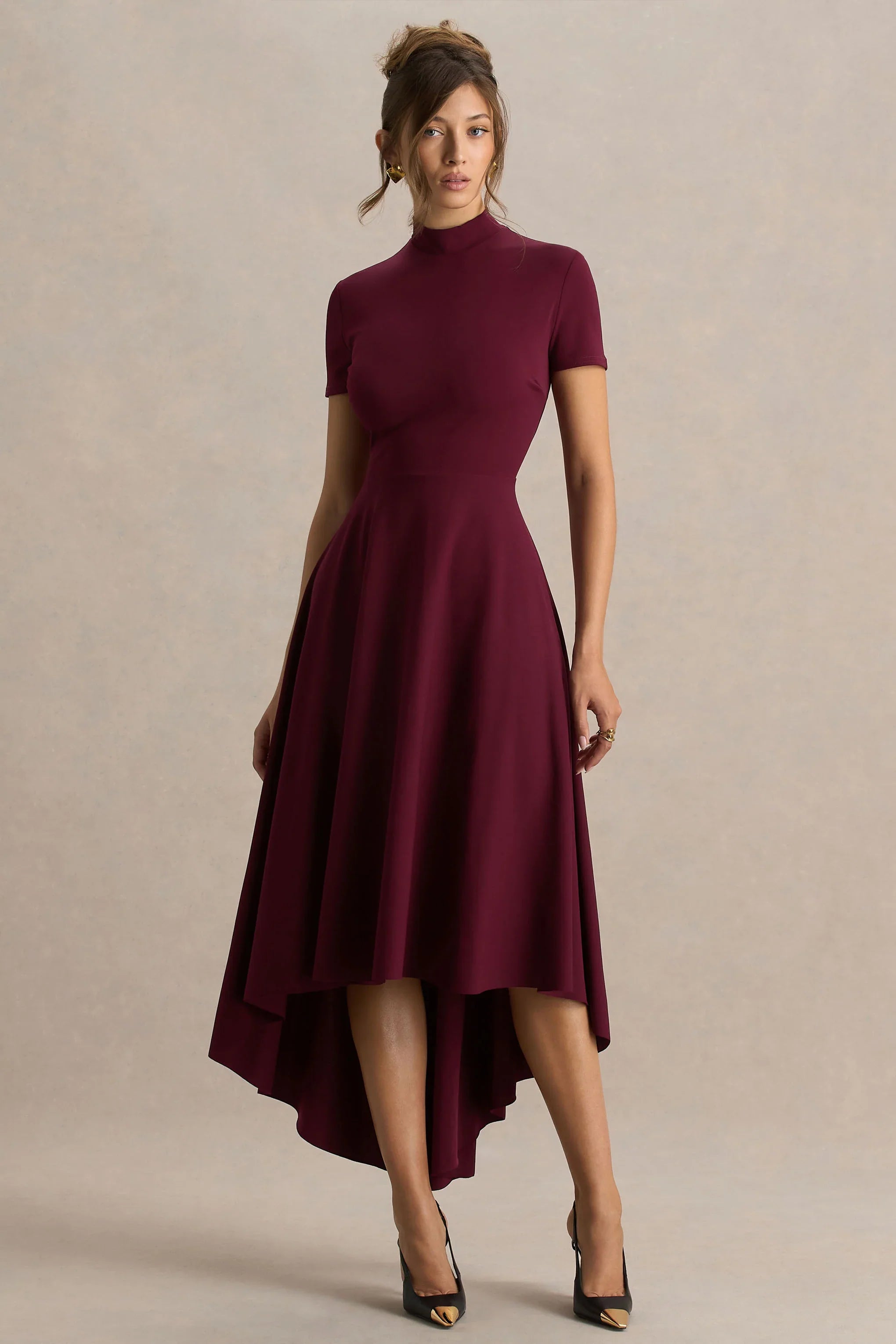 Bellona Burgundy High Neck High Low Midi Dress