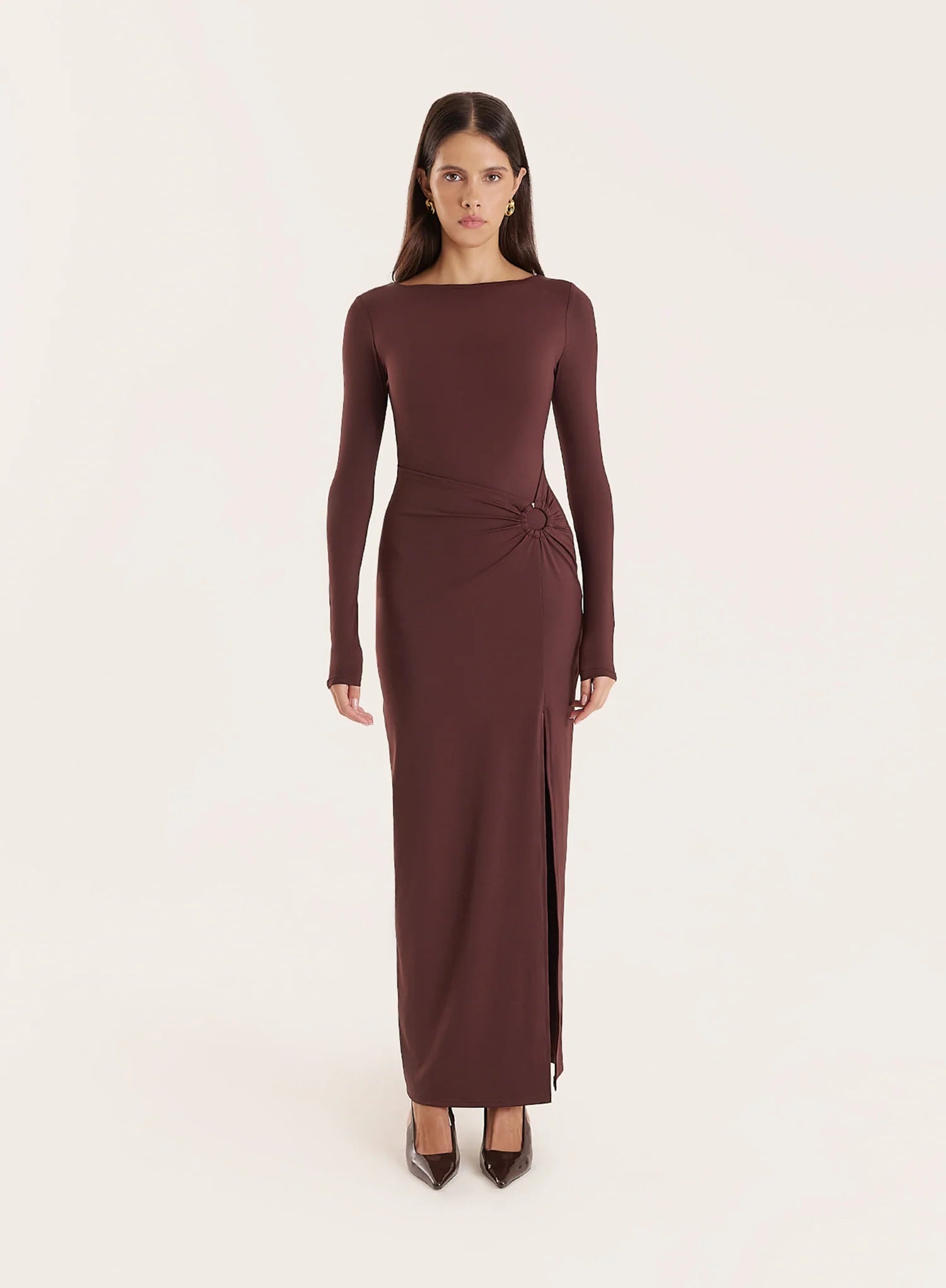 Chocolate Long Sleeve Ring Detail Maxi Dress