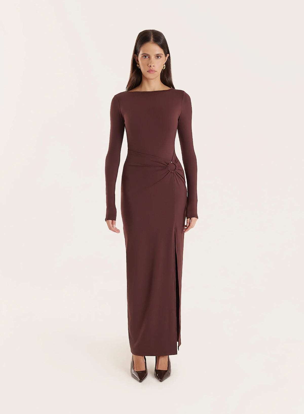 Chocolate Long Sleeve Ring Detail Maxi Dress