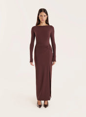 Chocolate Long Sleeve Ring Detail Maxi Dress