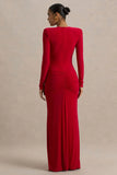 Jewel Red Plunge Neck Maxi Dress With Front Split and Ruched Detailing