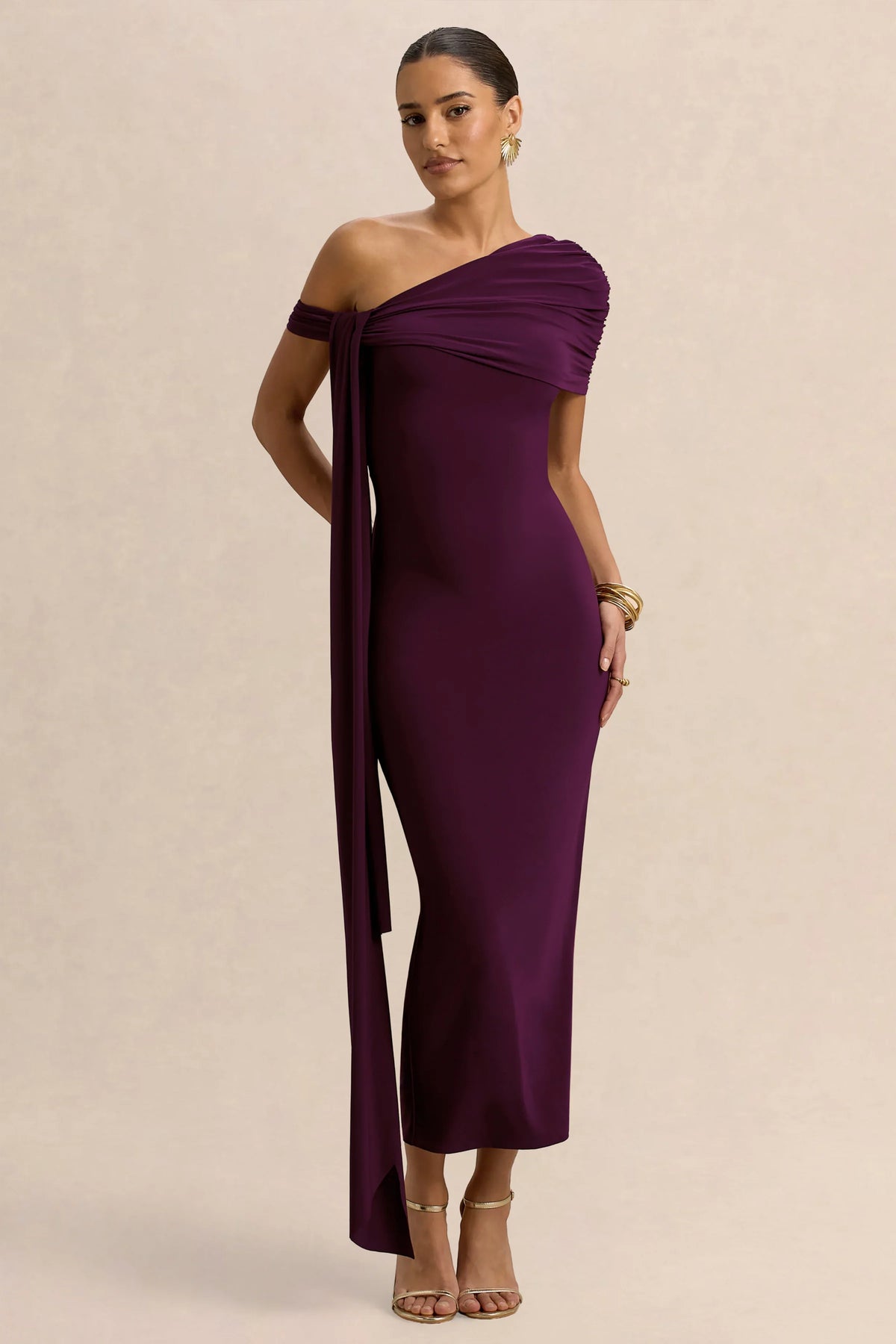 Praia Plum Asymmetric Neck Midi Dress With Sash and Draped Detailing