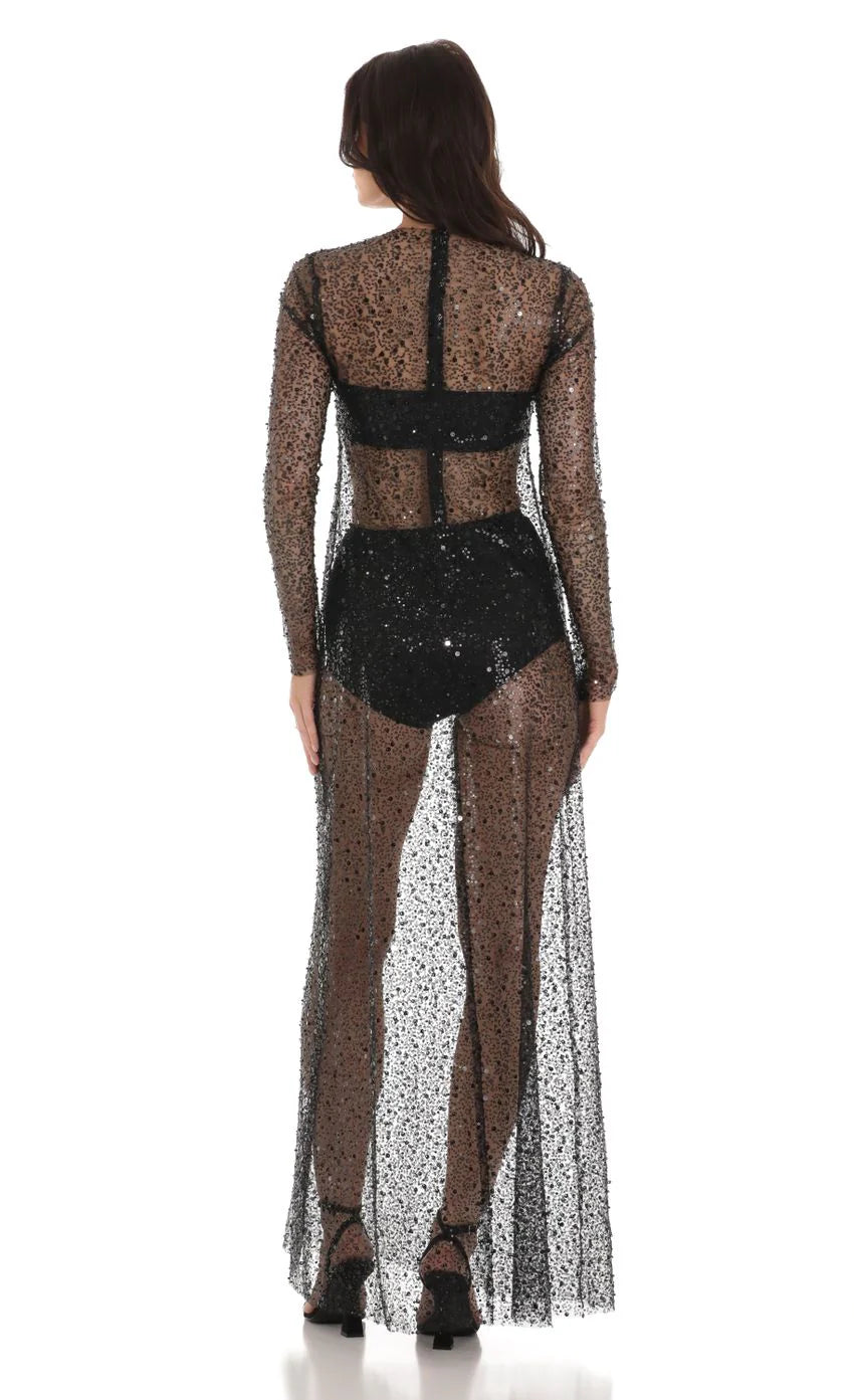 Sequin Mesh Dress in Black