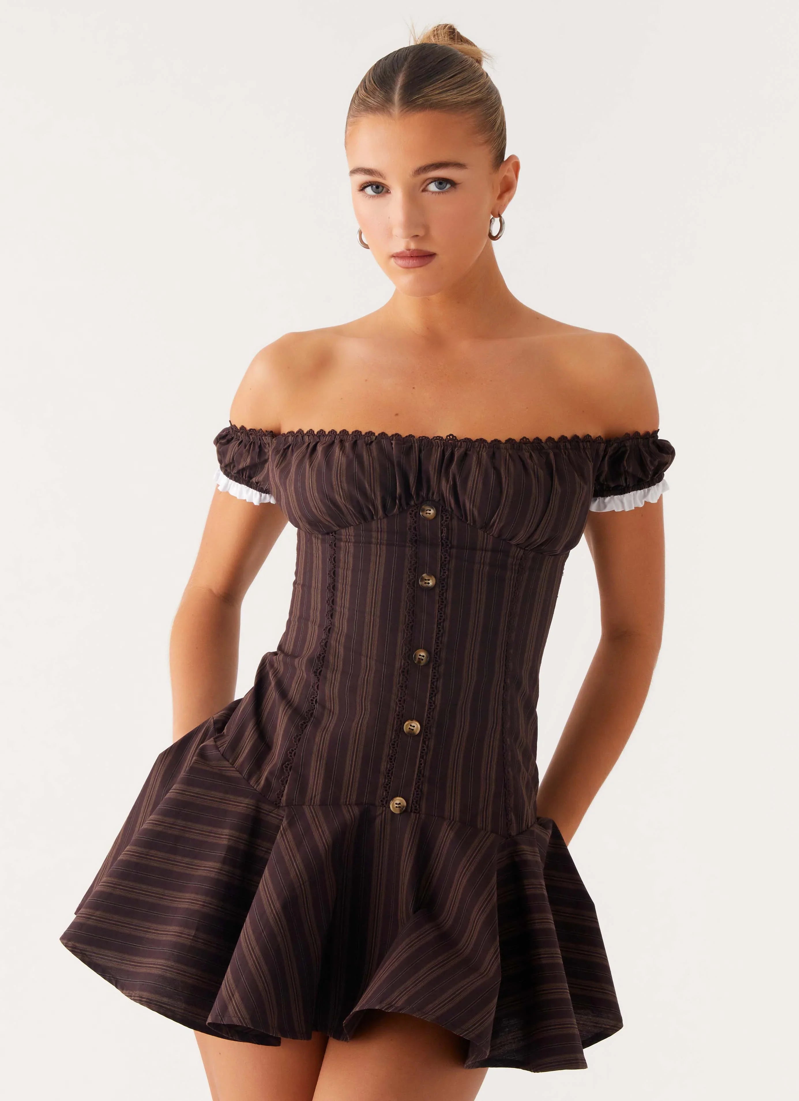 Jumana Off Shoulder Mini Dress Toffee Stripe