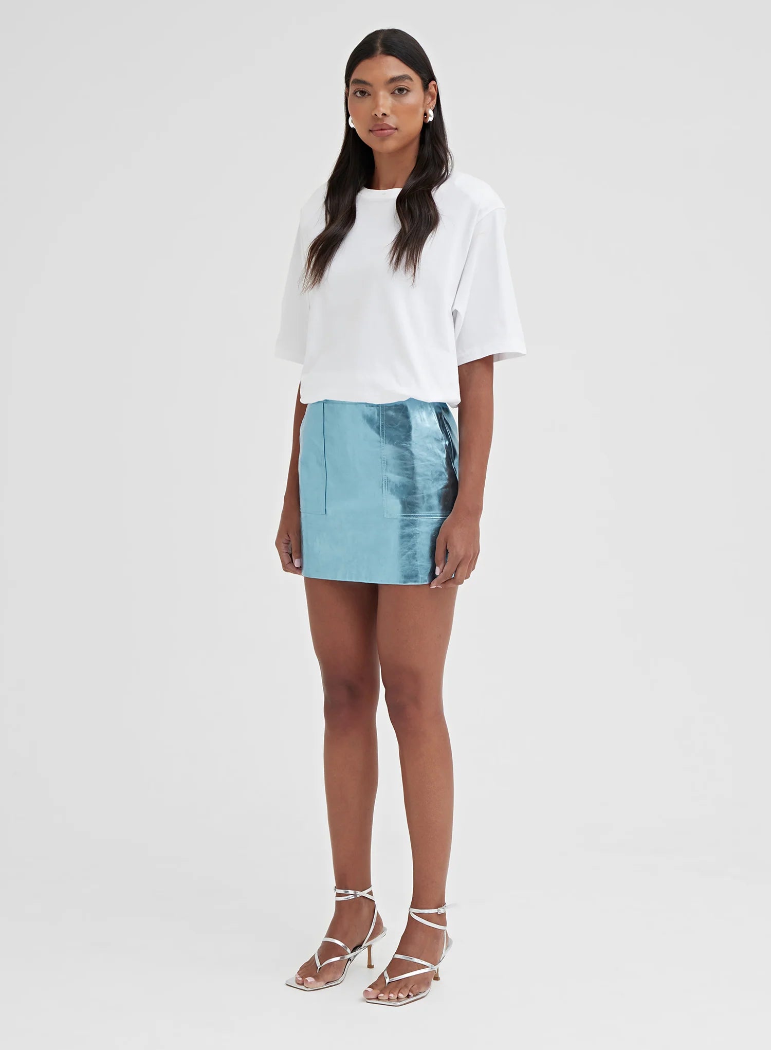 Blue Metallic Faux Leather Mini Skirt