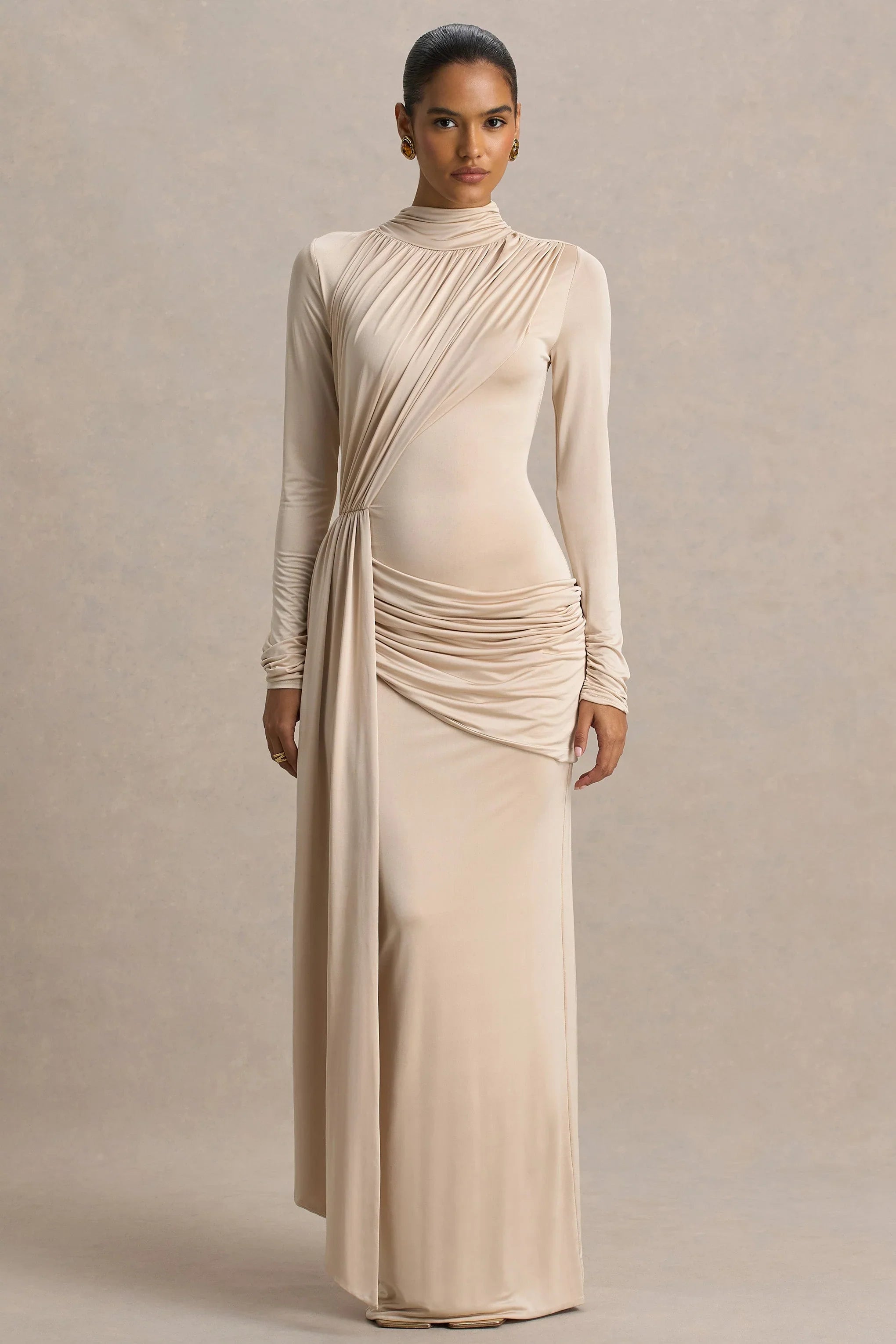Romi Champagne High Neck Maxi Dress With Ruched Detailing