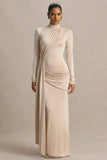 Romi Champagne High Neck Maxi Dress With Ruched Detailing